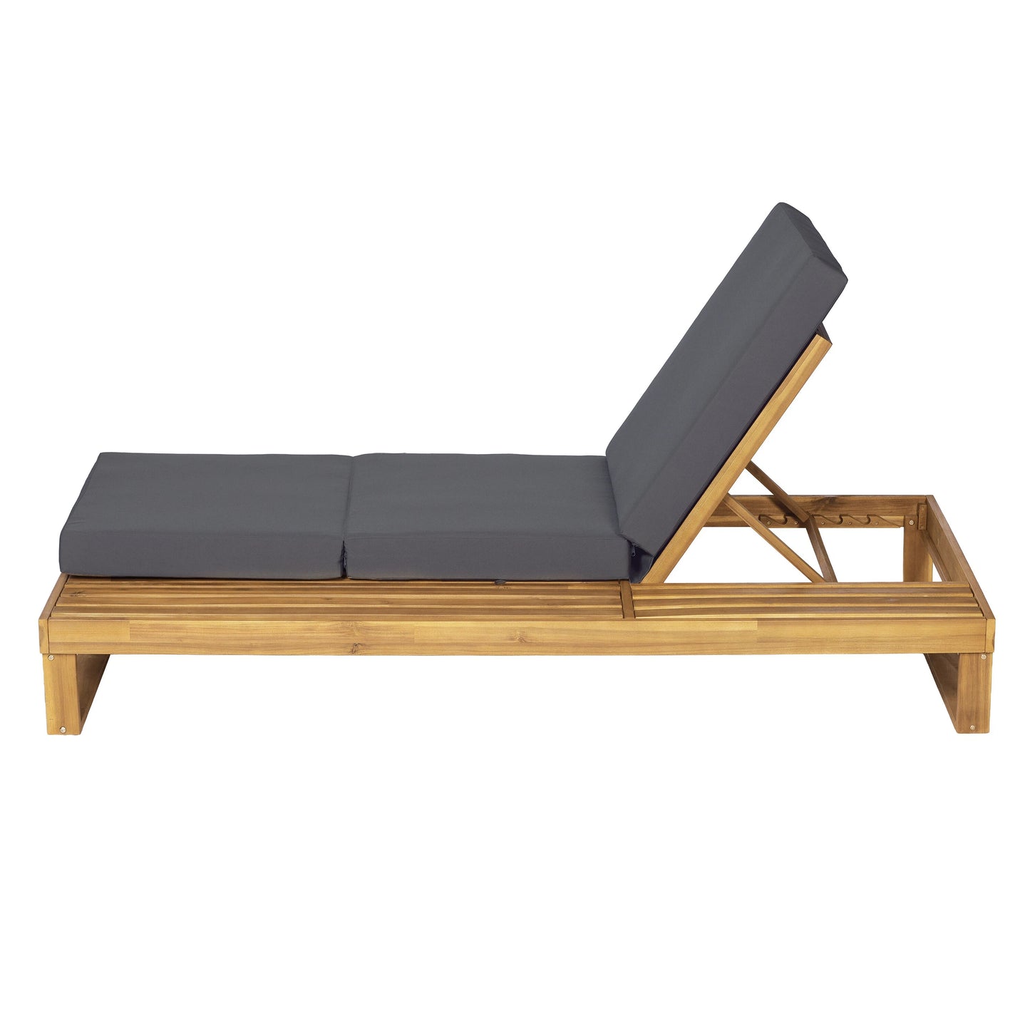 Teak Finish Acacia Wood Chaise Lounge with 4-Inch Dark Grey 3-Fold Water-Resistant Cushion Set, 4-Position Adjustable Outdoor Patio Lounger with Flat Side Surface- Matching cream version available