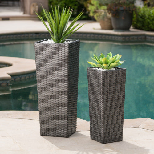 2-Pack Gray PE Wicker Tapered Outdoor Planter Pots with Iron Frame (11.75 in. and 9.06 in. W)