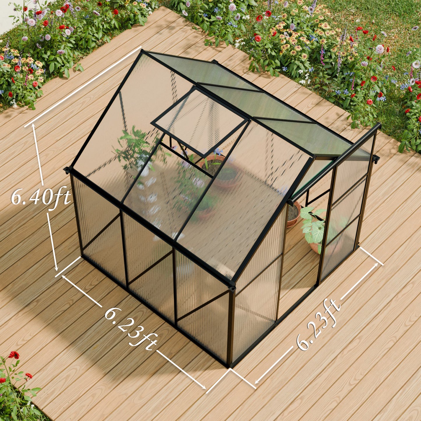6X6FT-BLACK Polycarbonate Greenhouse Raised Base and Anchor Aluminum Heavy Duty Walk-in Greenhouses for Outdoor Backyard in All Season (W540S00002)