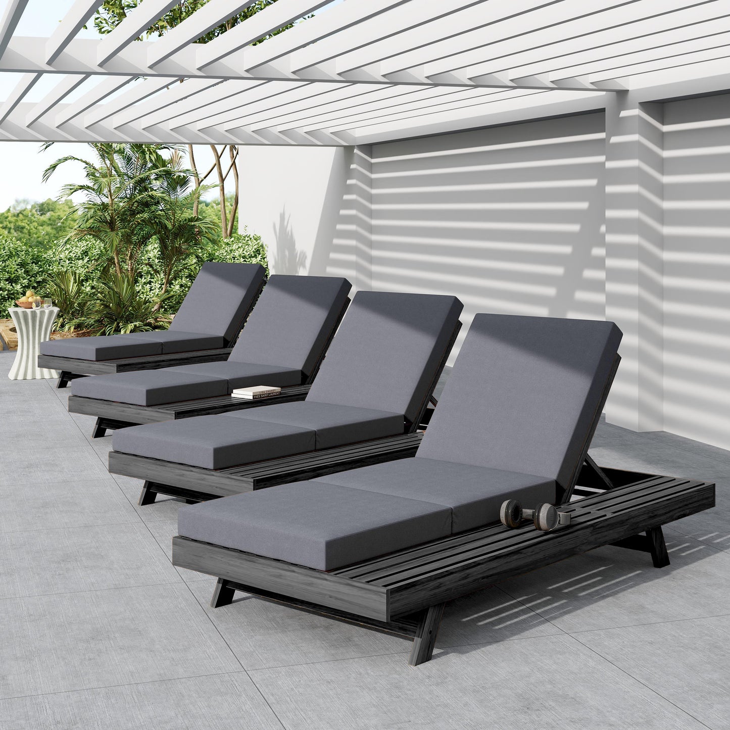 Lounge Chaise Set, Space Available On One Side, Acacia Solid Wood In Black With Lounge Cushion (Dark Grey & Triple Fold) – Matching Cream Version Available