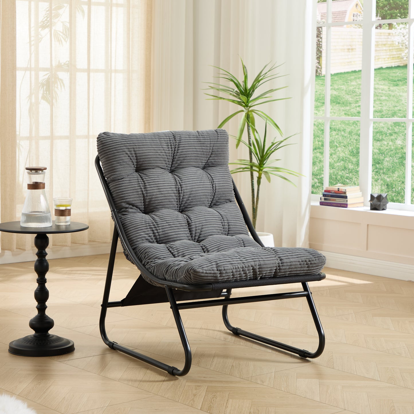Patio Outdoor Lounge Chair with Ottoman, Comfy Sling Recliner Chair with Puffy Cushion and Foot Stool,   Ideal for Living Room, Bedroom, Reading Room, Black frame with grey cushion