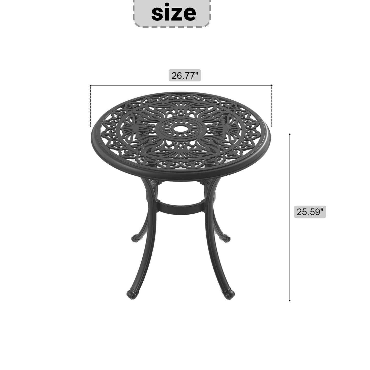 Ø26.77-inch Cast Aluminum Patio Dining Table With Black Frame and Umbrella Hole