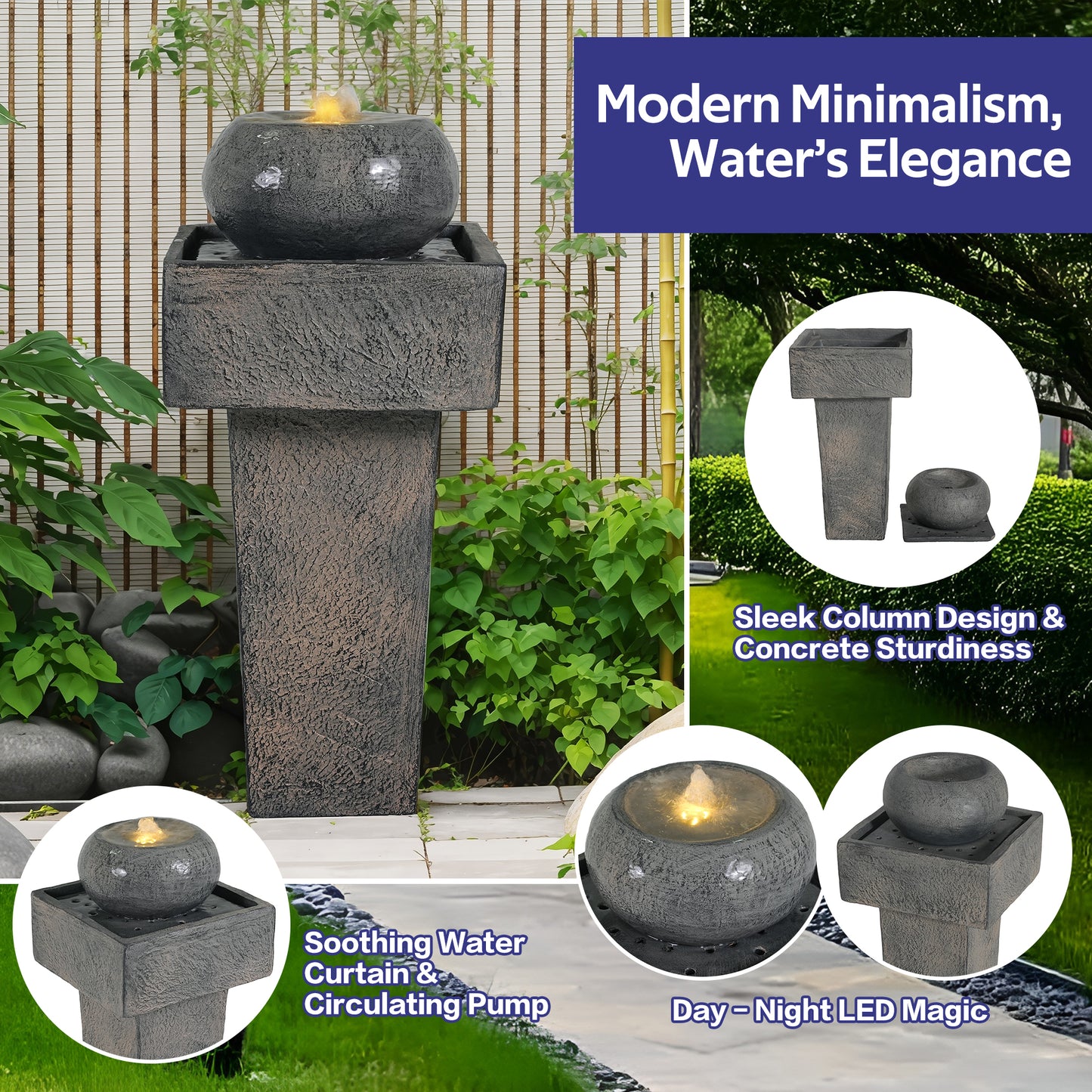 25.59"H Minimalist Concrete Column Fountain–LED-Lit Modern Outdoor Oasis, Sturdy Landscape Feature for Patio, Porch