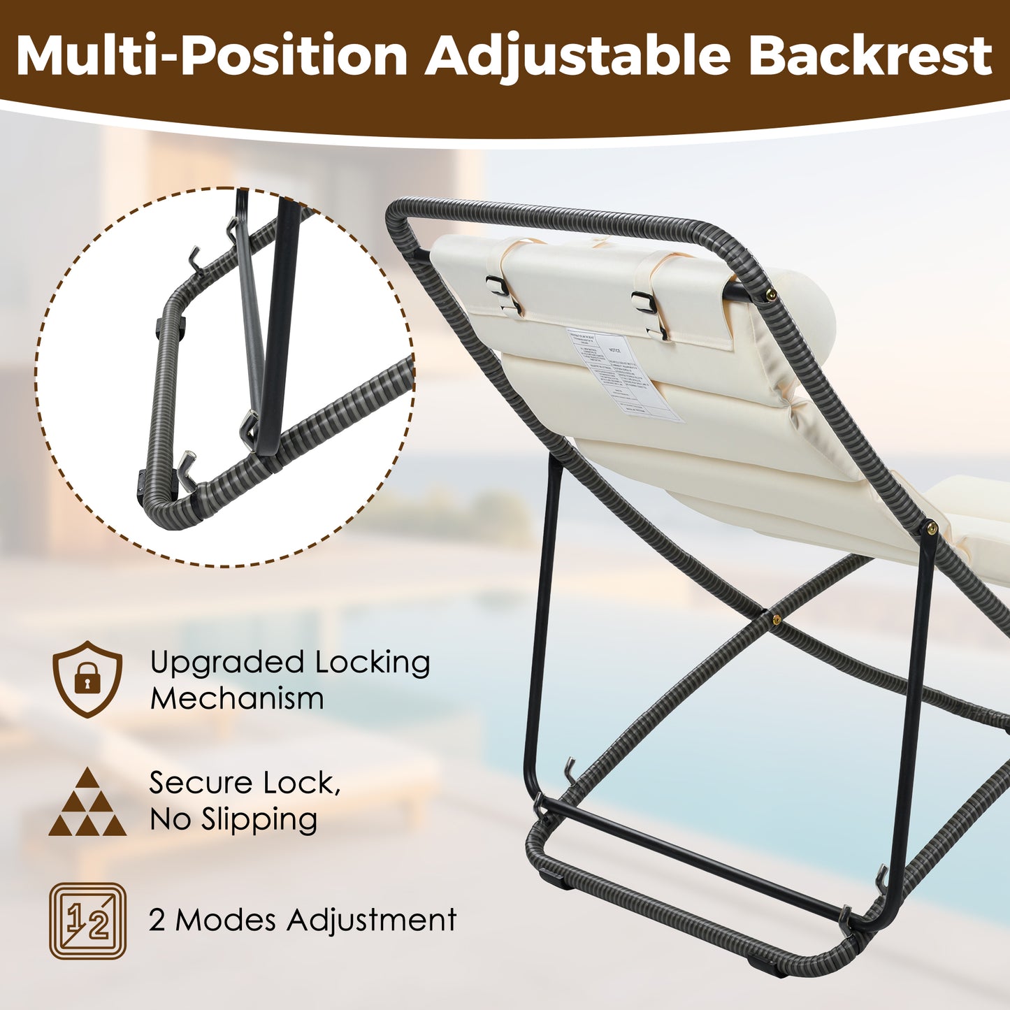 TREXM 2-Pieces Outdoor Folding Chair, Rattan-Wrapped Patio Chair with Adjustable Backrest, Thick Cushion, and Detachable Headrest ,for the Poolside, Beach, Backyard, Decck, and Camping (Black)