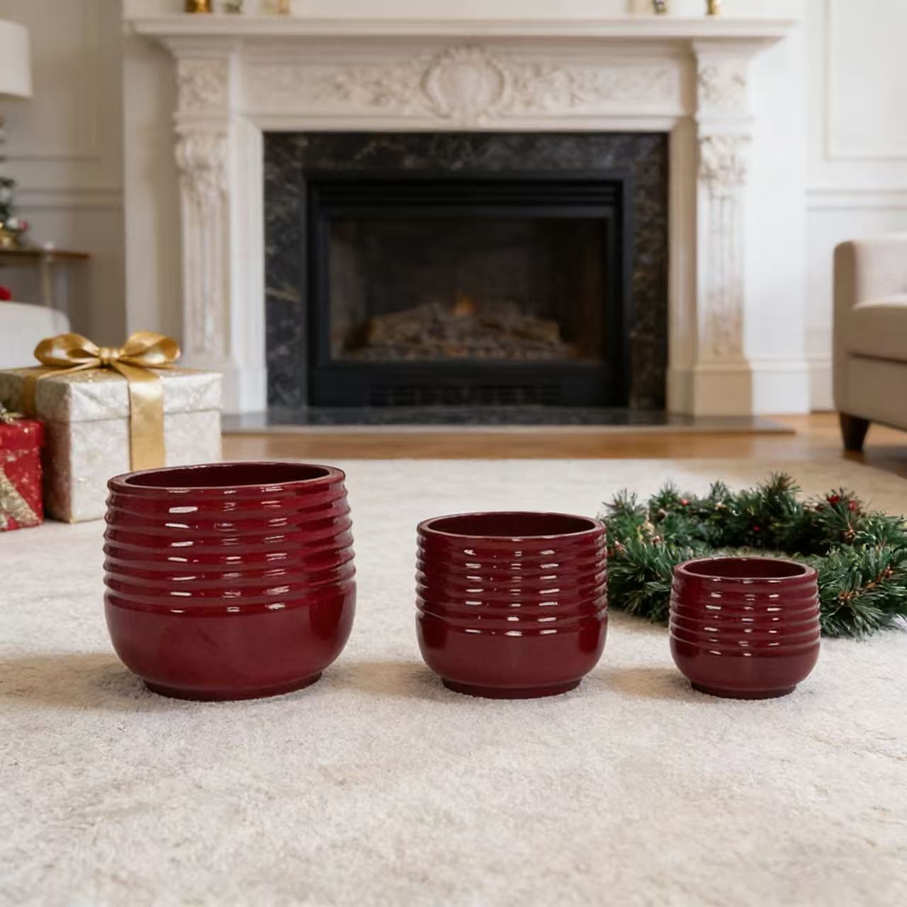 Handmade Glazed Ceramic Planter Set of 3, 15/11/8 Inch Diameter, Horizontal Groove Pattern, for Succulents & Flowering Plants Outdoor Garden & Indoor Staircase Bookshelf Use, Breathable Clay, Deep Red