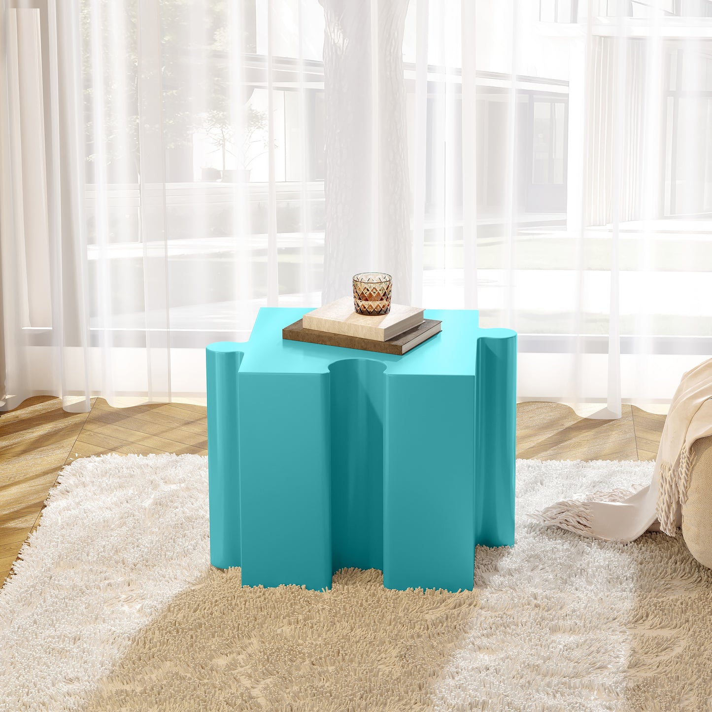 Puzzle Art Side Table, Modular Concave Edge MGO Table - Buy Singles or Combine for Custom Layouts, Indoor & Outdoor,Light Blue Color