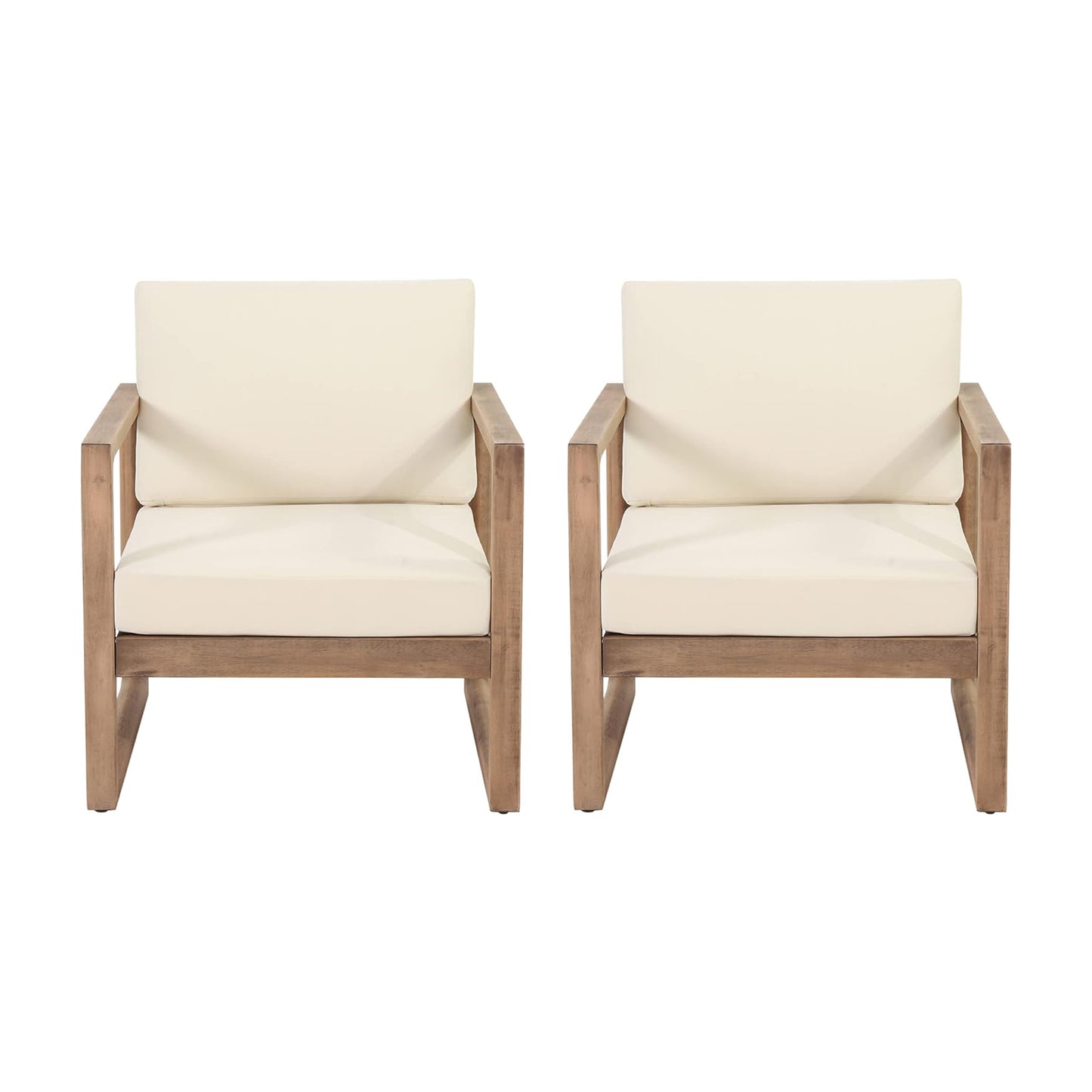 Outdoor Acacia Wood Patio Club Chair, Wood Patio Furniture,Waterproof Thick Cushion Deep Seating for Porch, Garden, Backyard, Balcony, Brown Wash and Beige Cushion