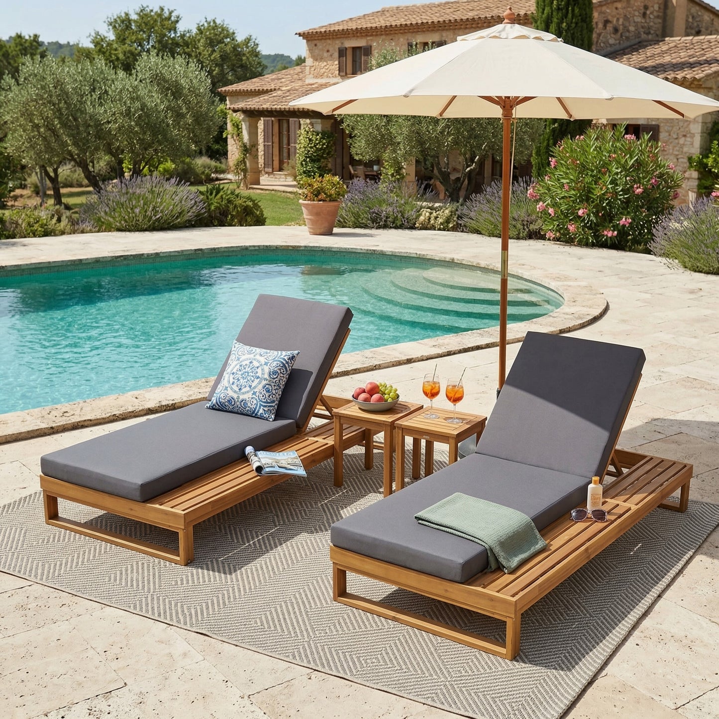 Teak Finish Acacia Wood Chaise Lounge with 4-Inch Dark Grey 2-Fold Cushion Set, 4-Position Adjustable Outdoor Patio Lounger with Flat Side Surface, for Poolside - Matching cream version available