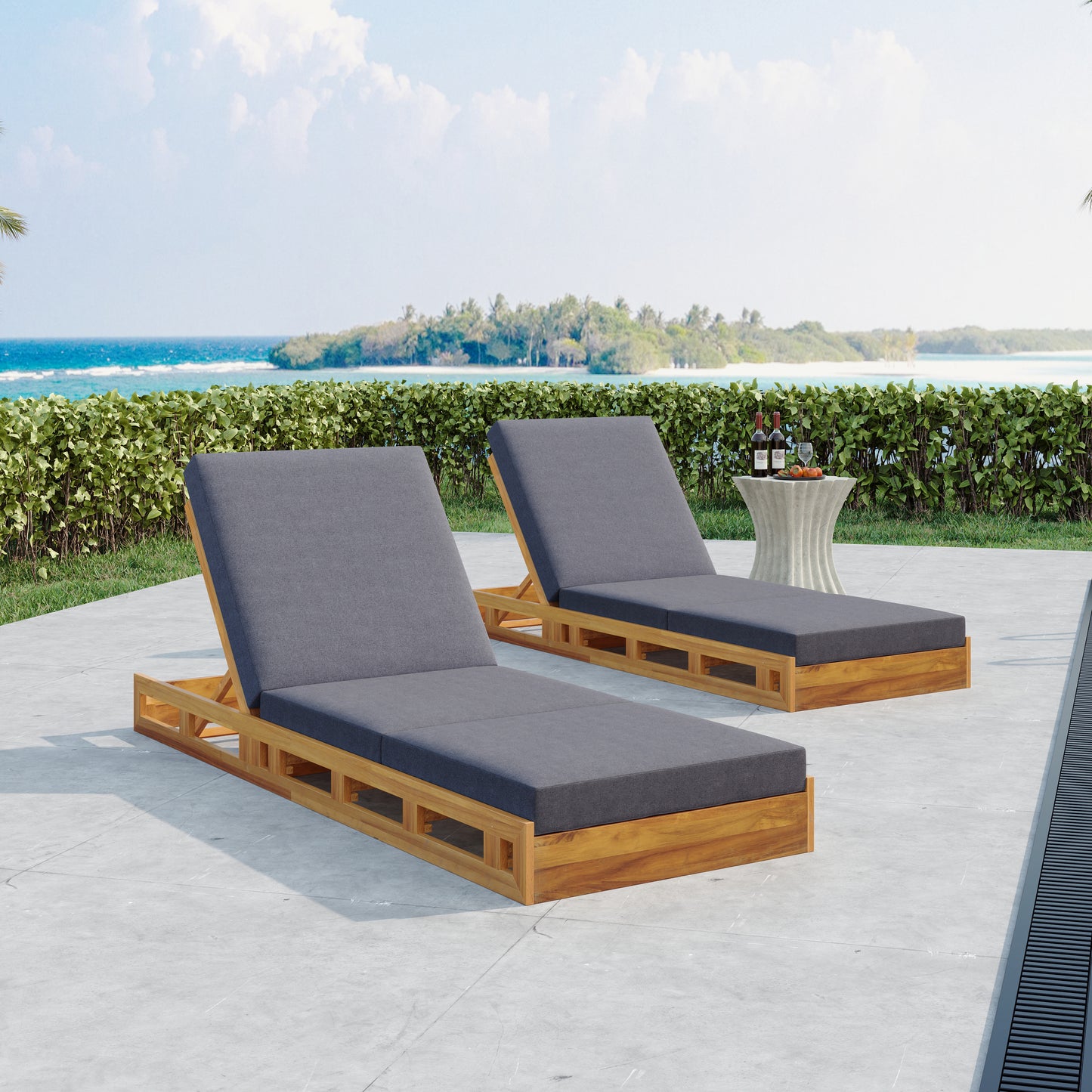 LOUNGE CHAISE SET, ACACIA SOLID WOOD WITH LOUNGE CUSHION (DARK GREY & TRIPLE FOLD) - MATCHING CREAM VERSION AVAILABLE
