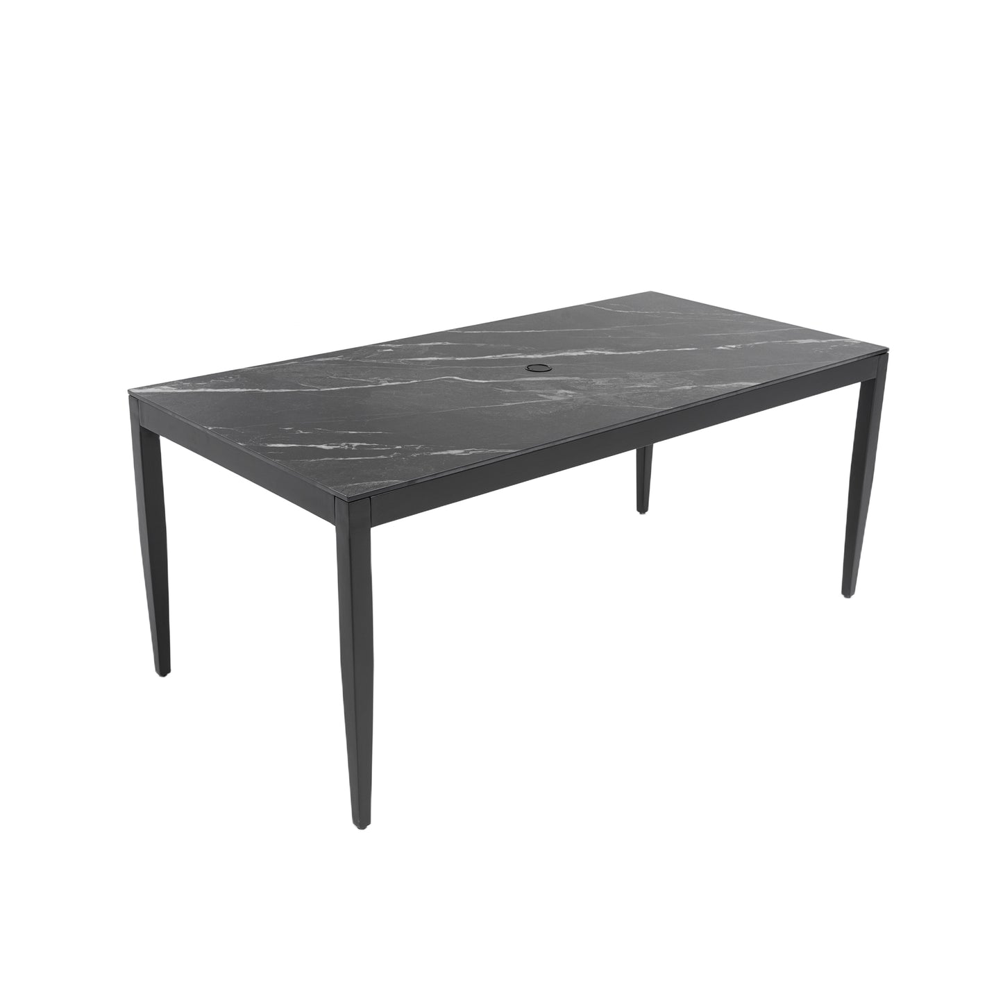 Outdoor Modern Patio 35.5"x71" Aluminum Dining Table, Black Marble-Inspired Sintered Stone Top, Ember Black Finish, Post Tapered Legs-Seats Six, Weatherproof & Rust-Free