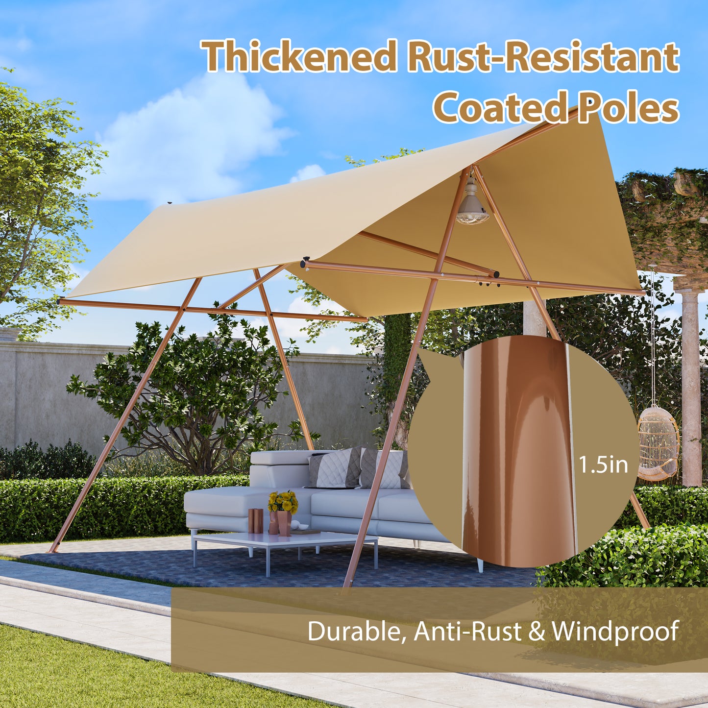 Hexagonal Shade Sail Canopy, Large 206"x118" UV Block Sun Shade with UPF 50+, Waterproof High-Density Polyester Fabric, Brown Rust-Resistant Poles & Built-in Hooks for Patio Backyard – Light Khaki