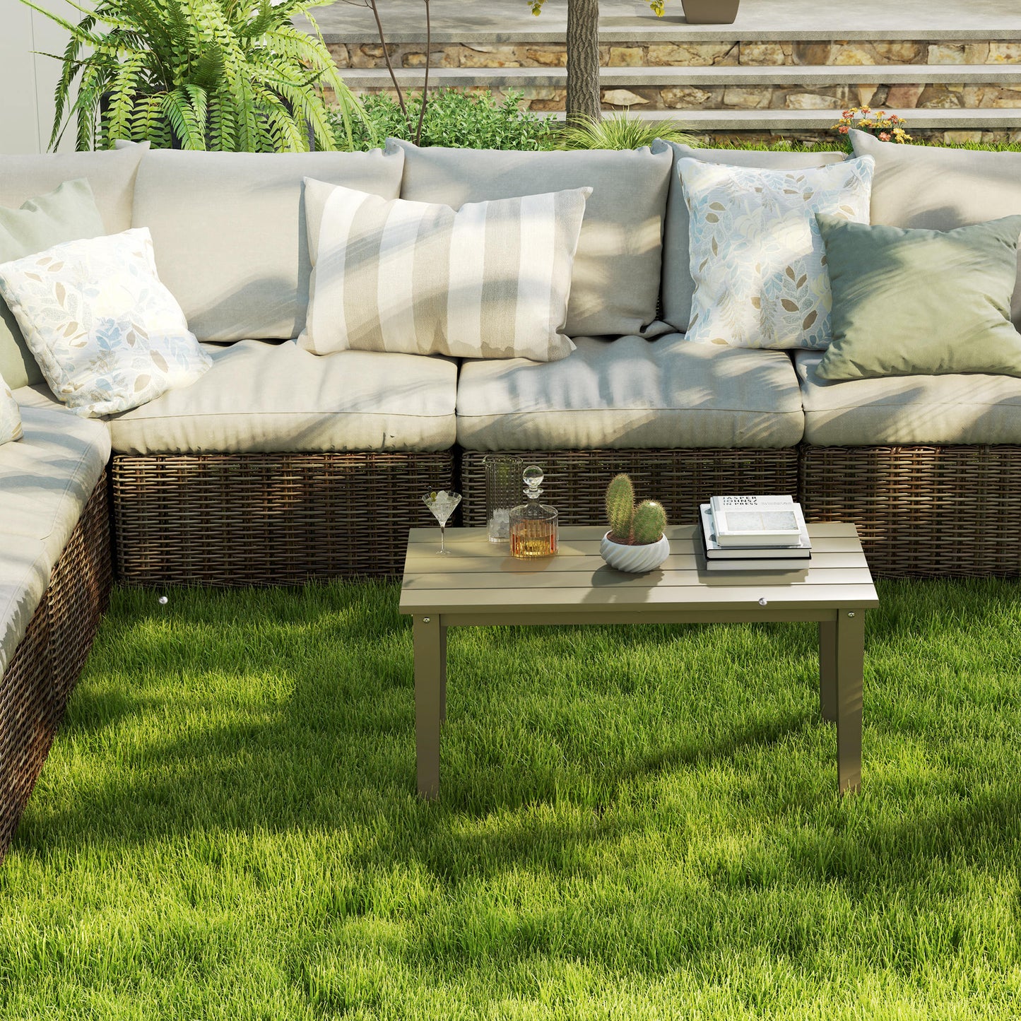Outsunny HDPE Outdoor Coffee Table, Rectangle All-Weather Patio Coffee Table, Slatted Outdoor Patio Table for Garden, Balcony, Backyard, Brown