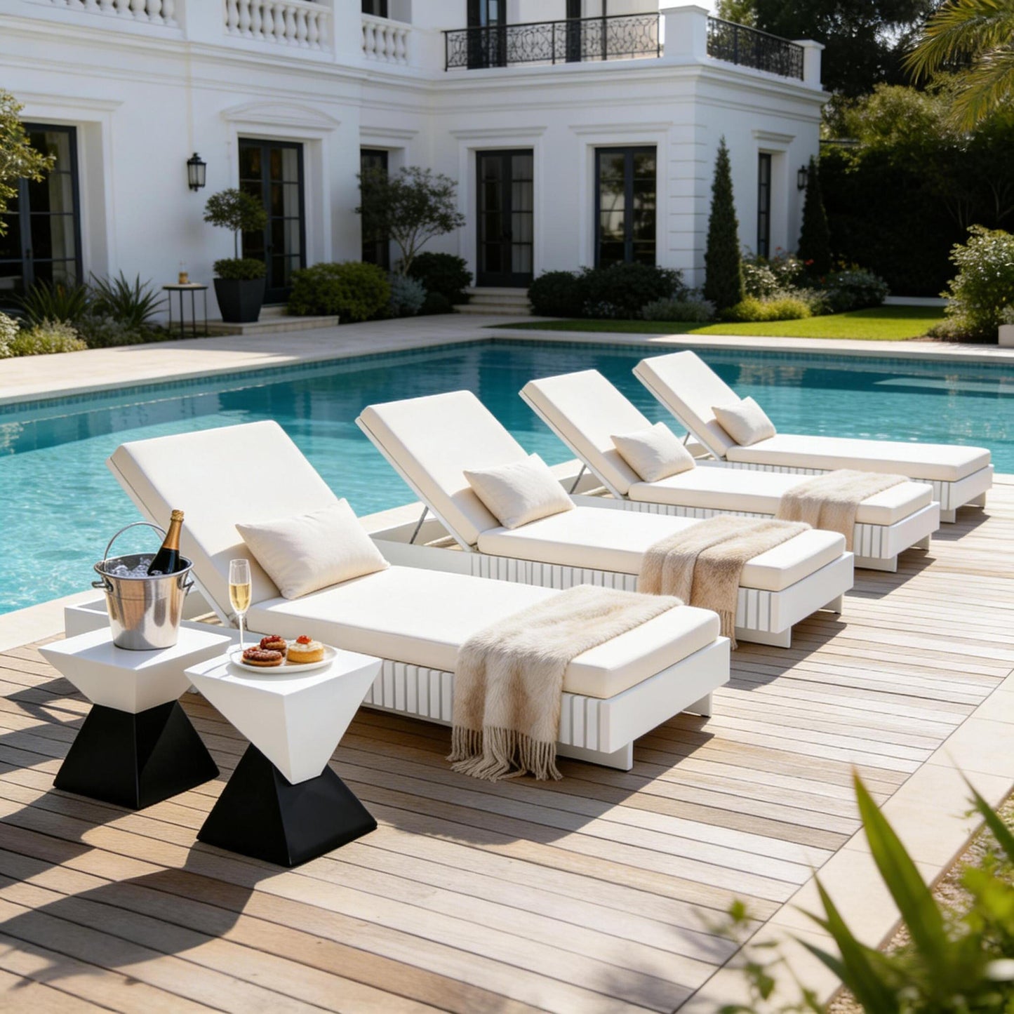 White Acacia Solid Wood Outdoor Chaise Lounge with Cream 3-Fold Water-Repellent Cushion, 400lbs Capacity,  Modern Patio Sun Lounger for Garden, Poolside