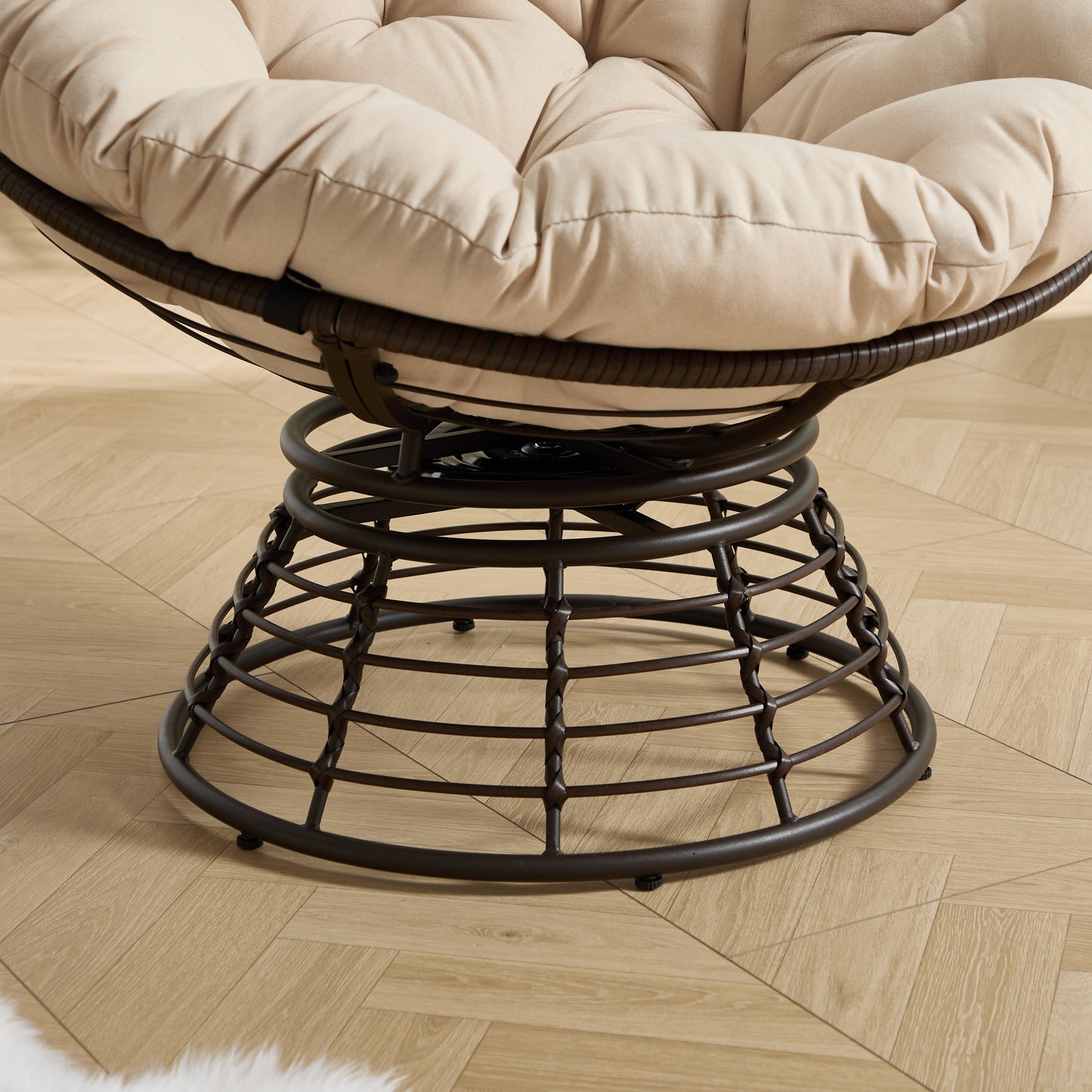 Comfortable Ergonomic Wicker Papasan Chair, 360° Swivel Indoor Outdoor Rattan Chair with Soft Thick Cushion, Ideal for Living Room, Bedroom, Reading Room, Brown Frame with Beige Cushion