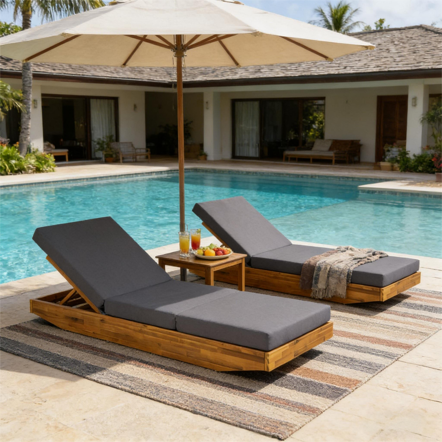 Acacia Wood Chaise Lounge with Cushion - Teak Finish Outdoor Recliner with Dark Grey 3-Fold Water-Repellent Cushion, 300lbs Capacity
