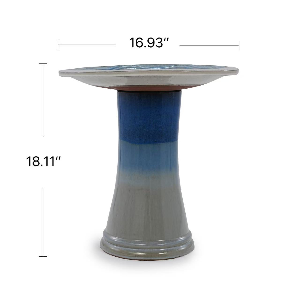17'' Ceramic Bird Bath for Outside, Elegant Tall Outdoor Bird Bath, Lightweight Pedestal Glazed Birdbaths for Outdoors with Swirl Pattern, Blue Ombre