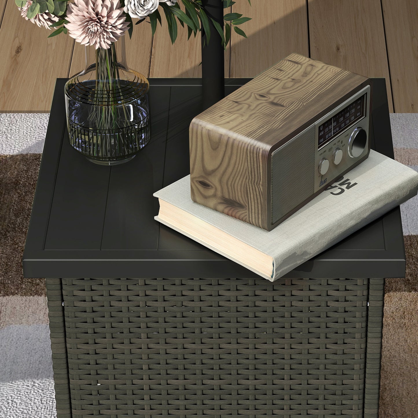 Outsunny All Weather Wicker Side Table with 1.5" Umbrella Hole, Square Outdoor End Table with UV-Resistant Frame, Storage Space for Patio, Mixed-Brown