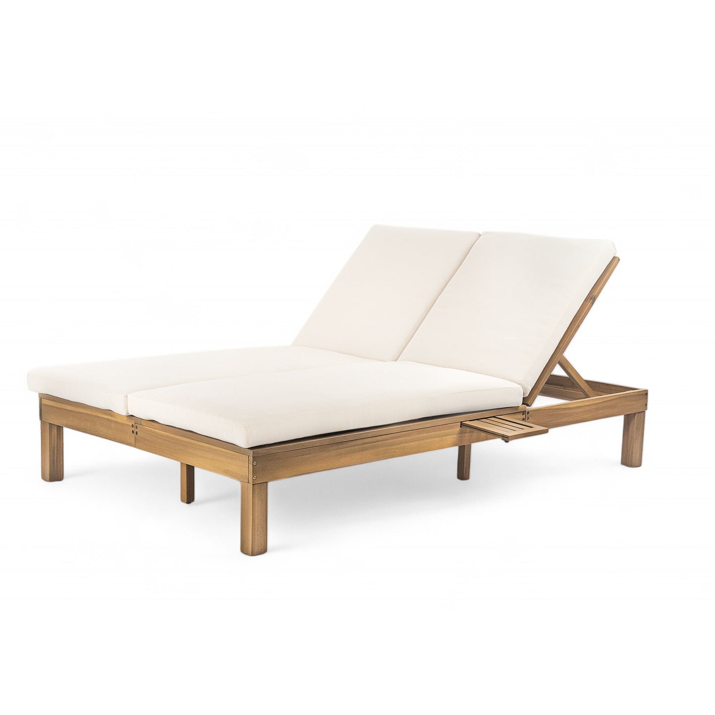 TREXM 5-Position Adjustable Backrest Double Chaise Lounge Outdoor, Outdoor Chaise Lounge with Cushion and Folding Side Trays for 2 People, Patio Double Chaise Lounge for Poolside Garden, Light Teak