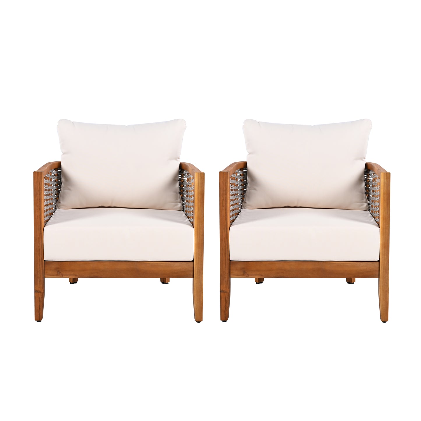 2 Pieces Outdoor Unique Tub Design Armchair with Woven Rope, Patio Furniture Acacia Wood Chair, Deep Seating with Soft Cushions for Porch, Garden, Backyard, Balcony, Teak Finish & Beige Cushion
