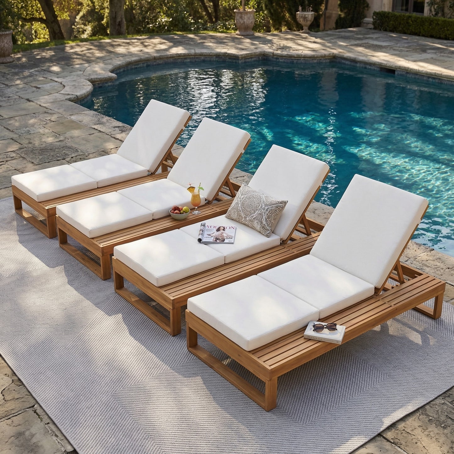Teak Finish Acacia Wood Chaise Lounge with 4-Inch Cream 3-Fold Water-Resistant Cushion Set, 4-Position Adjustable Outdoor Patio Lounger with Flat Side Surface, for Poolside-Matching dark grey version