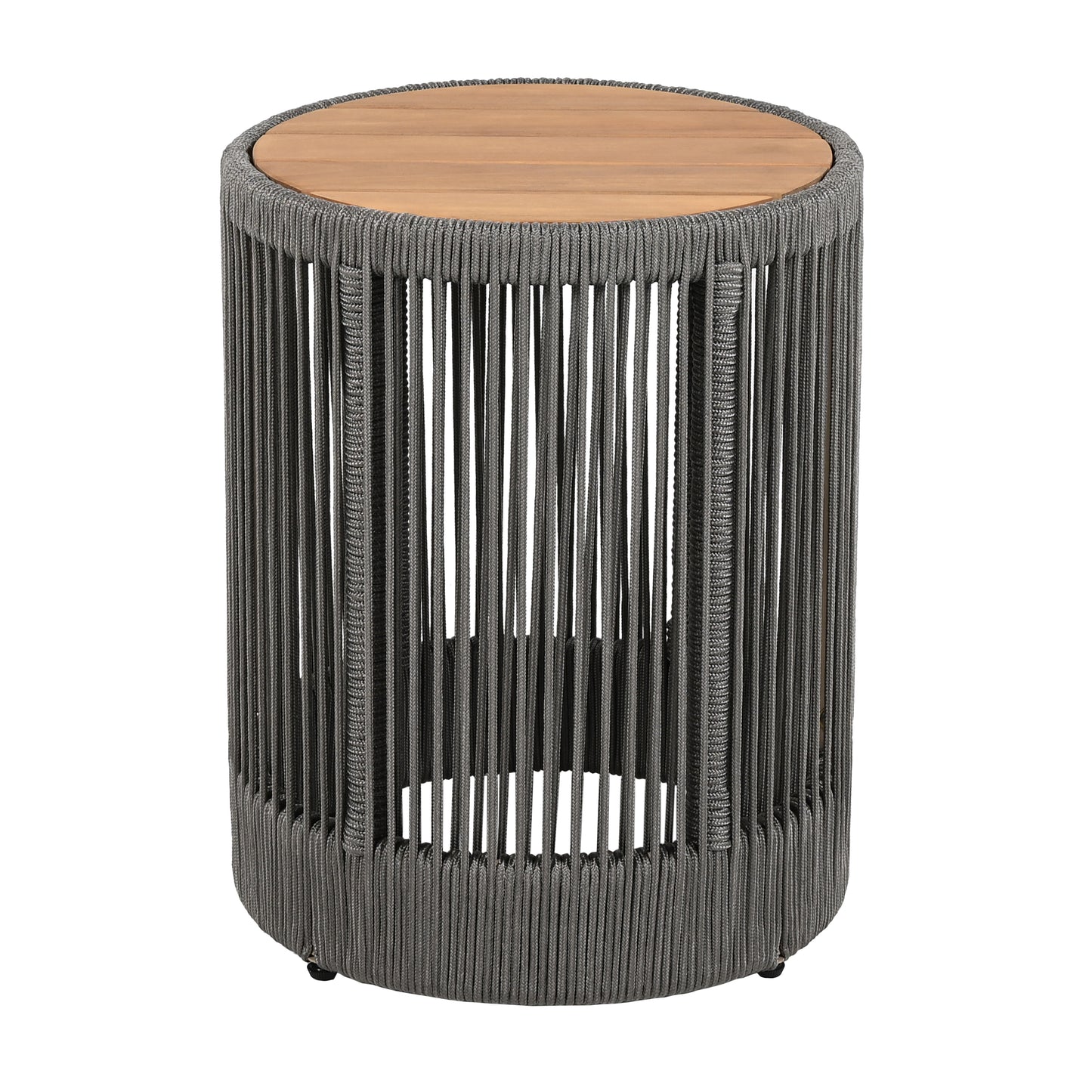 Outdoor Rattan rope & Acacia Wood Side Table - Patio Balcony Furniture for Garden, Yard, Balcony - Weather Resistant(Rope Grey, Natural Iron)