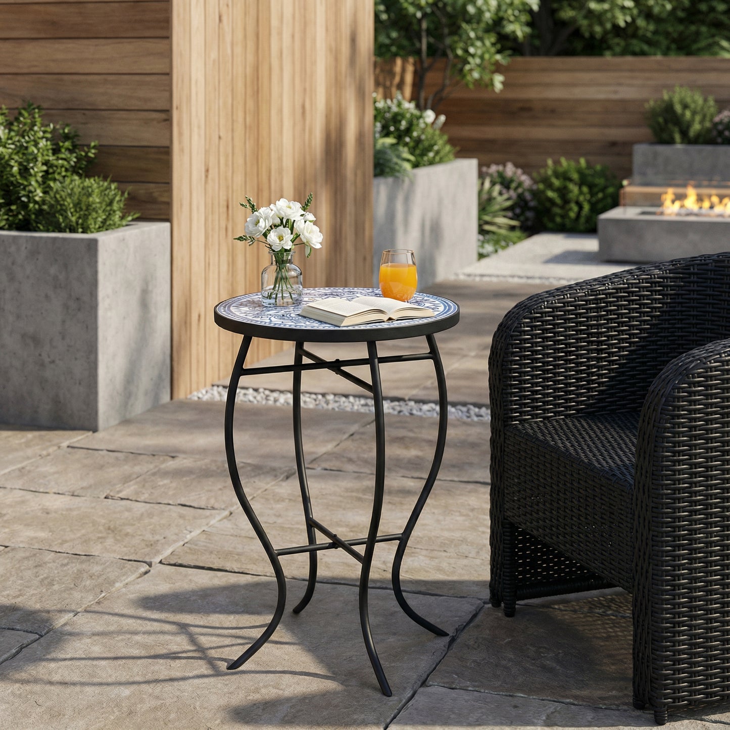 Outdoor Round Side Table with Mosaic-Style Top and Curved Iron Legs, Blue and Matte Black