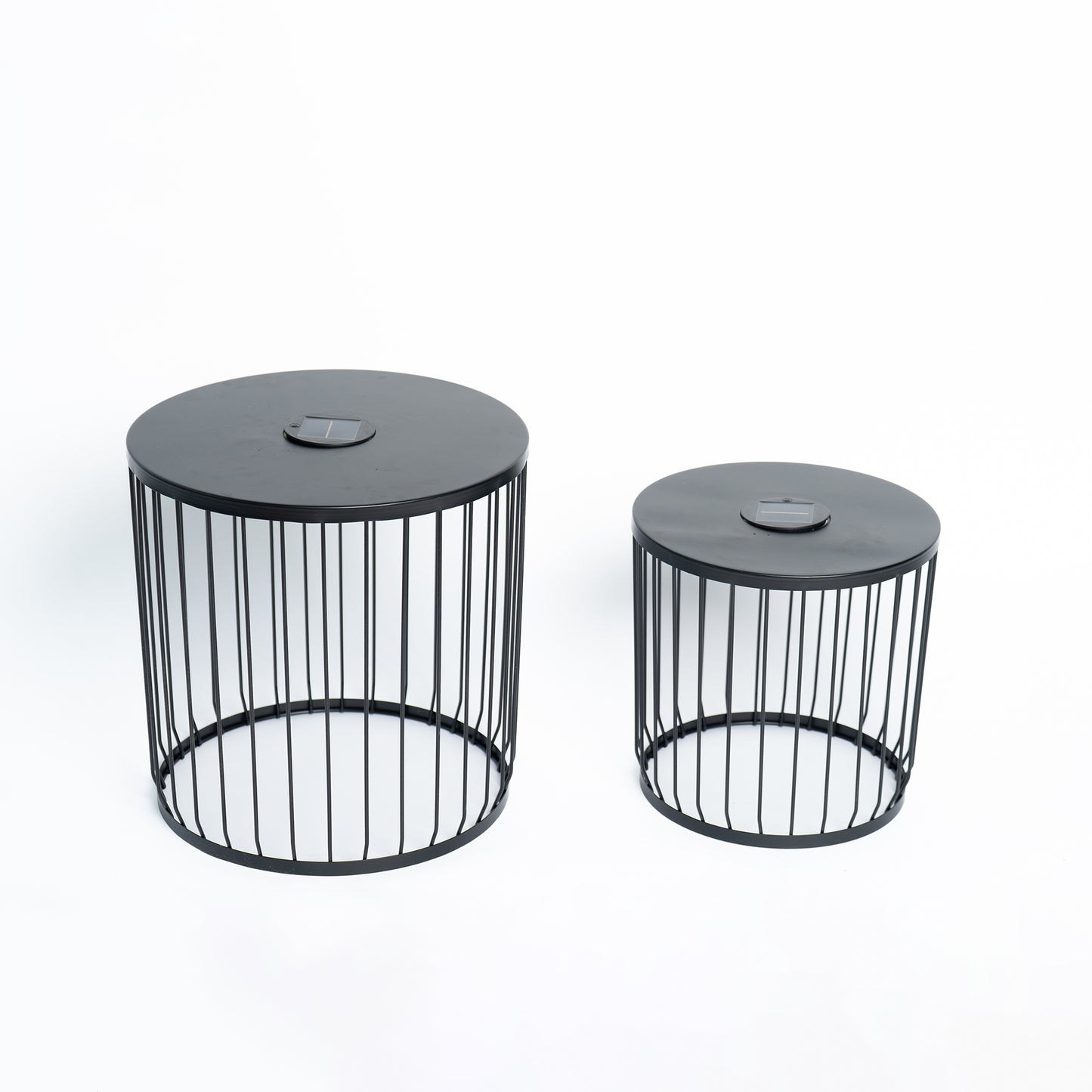 2-Pack Solar Powered Nesting Side Table Set, Modern Round End Tables with Solar LED Lights, Metal Wire Cage Accent Tables, Indoor/Outdoor Patio Nightstand for Living Room, Balcony, Garden, Matte Black