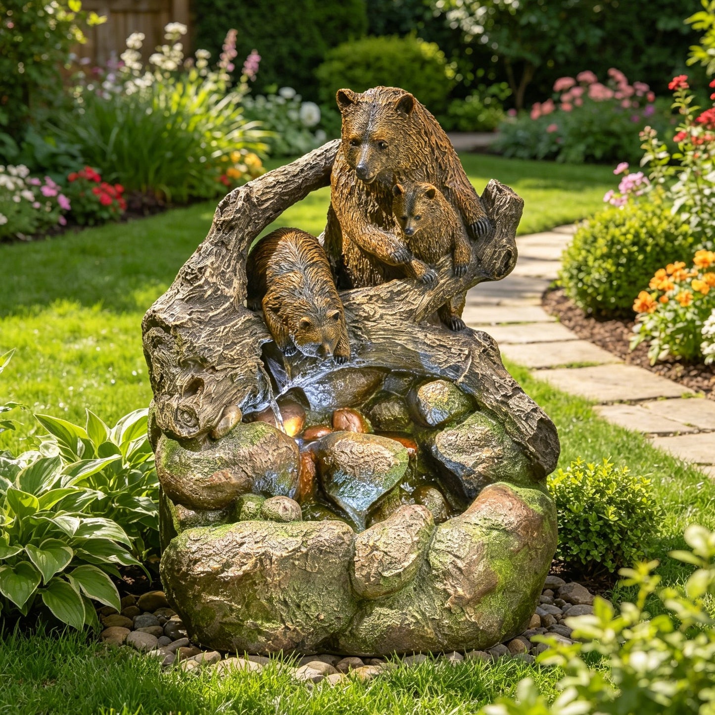 24.75" High CALLAN FOUNTAIN Weather Resistant Floor Fountain with Light, Light Brown + Moss