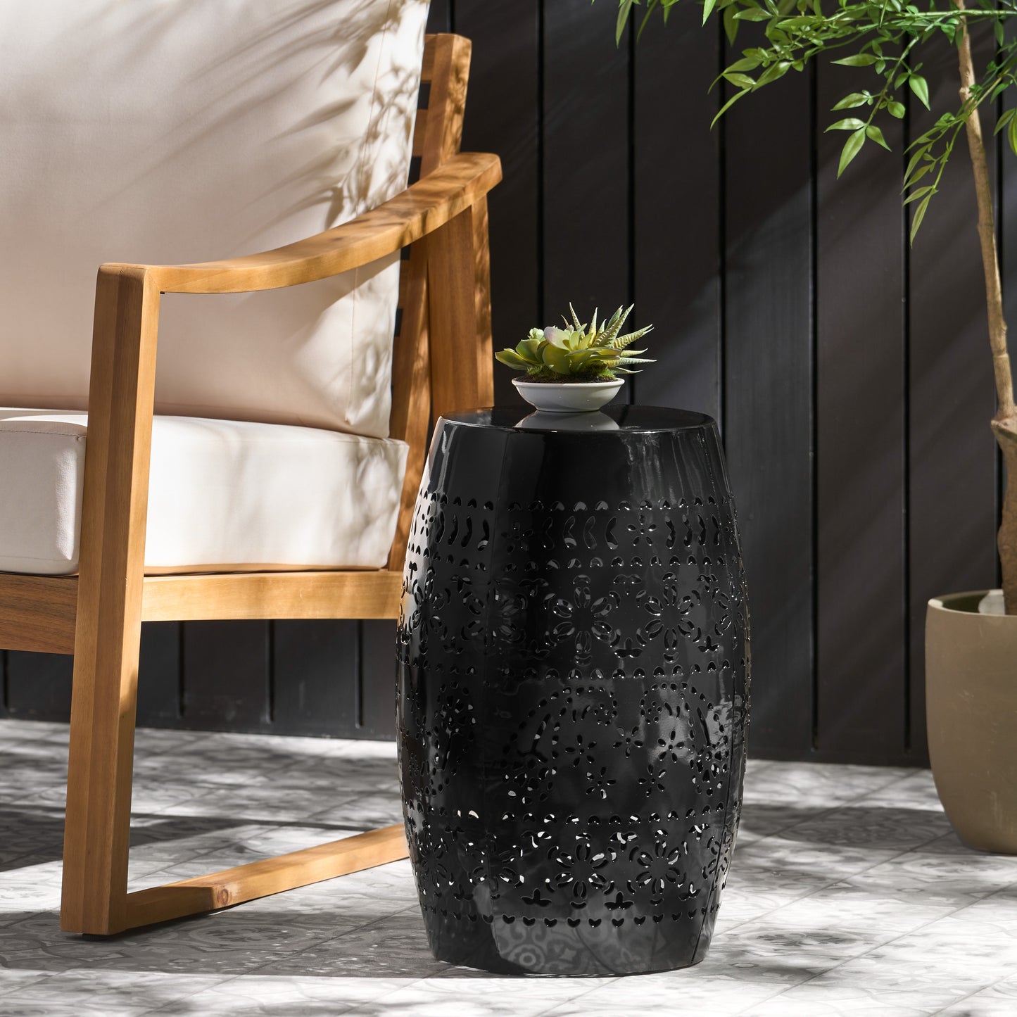 RUBY Side Table, Lace Cut Metal End Table for Outdoor & Indoor Use, Barrel Shape Accent Table with No Assembly Needed for Garden, Patio, Living Room, Backyard Decor,Black Color