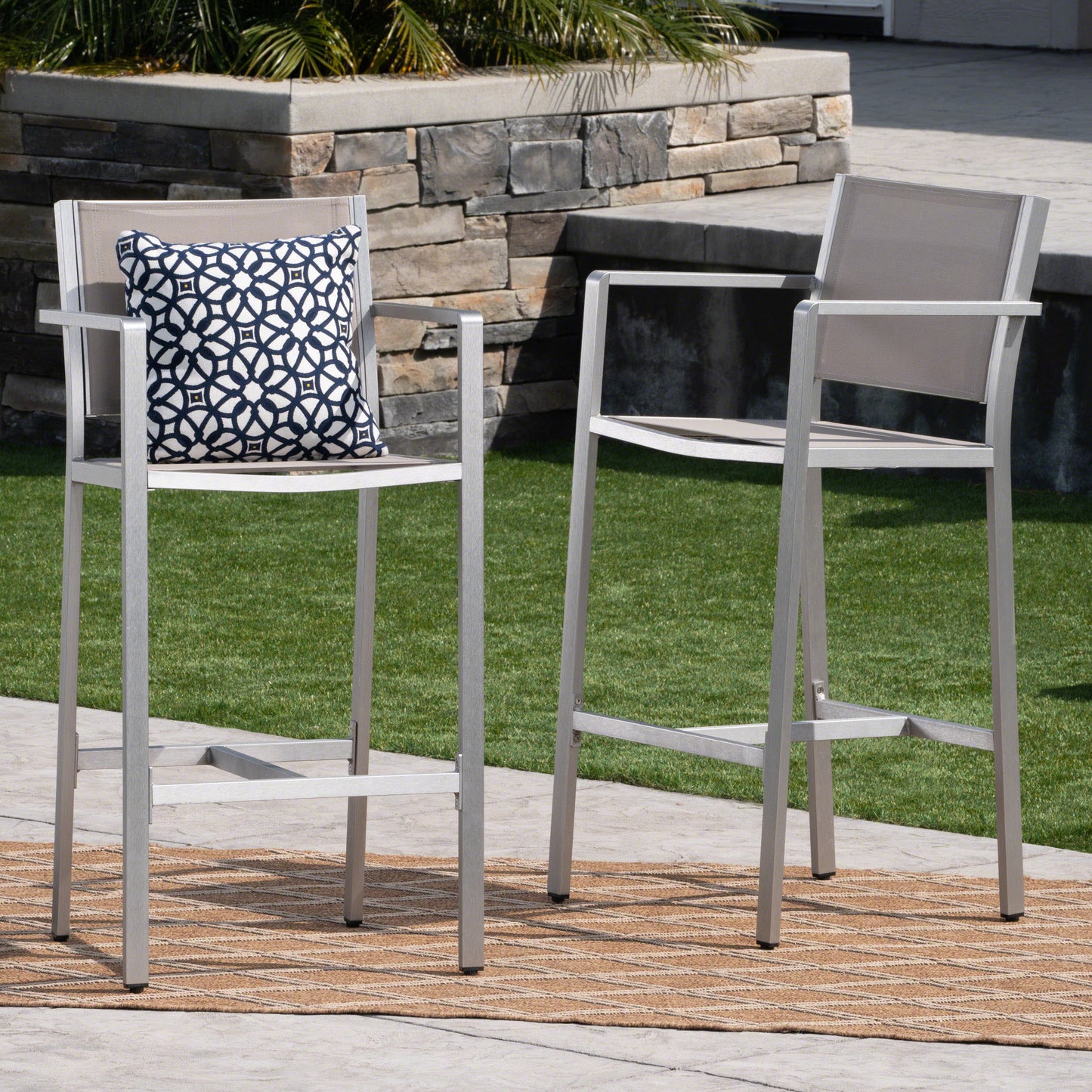 29.50" Barstools with Silver Rust-Proof Aluminum Frame, Grey Mesh, Set of 2
