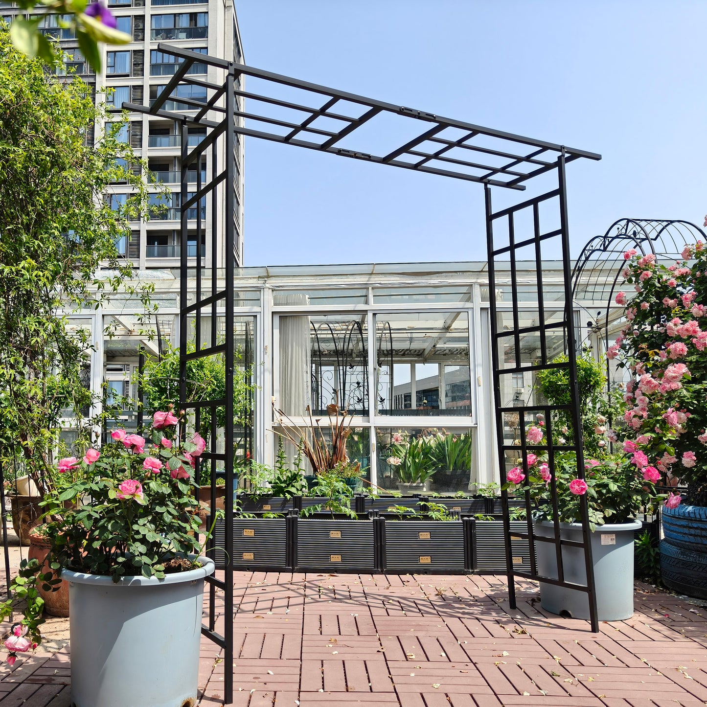 Metal Garden Arch with Adjustable Width W42.52''~W78.15''  Climbing Plants Support Rose Arch Outdoor Black