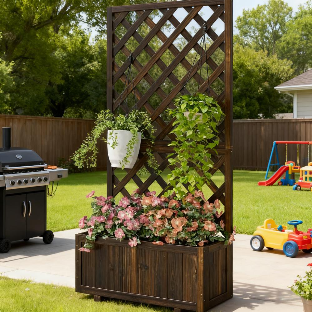 Garden Bed,Wooden Raised Garden Bed Planting Planter Box with Trellis and Drain Holes for Climbing Vine Plants