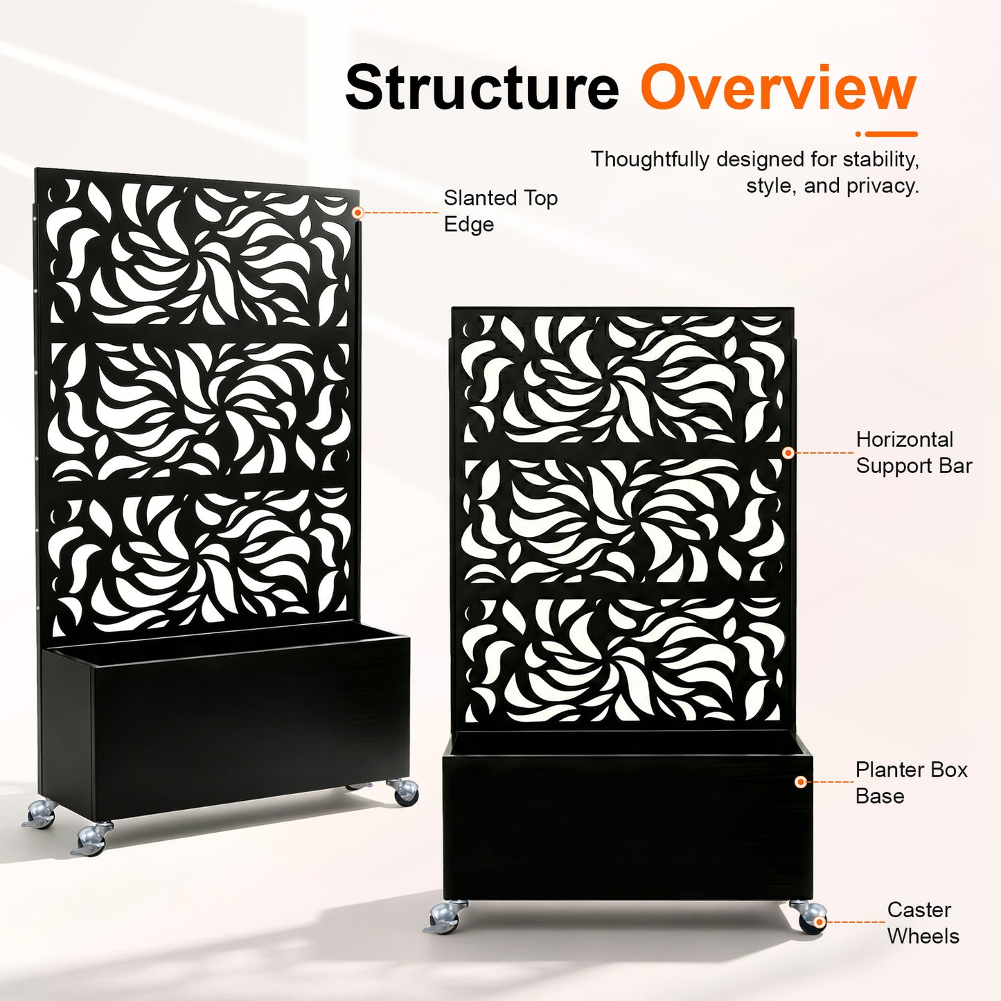 70.87" H × 46.06" W Leaf Pattern Privacy Screen with Planter Box, Black Metal Freestanding Decorative Fence Planter for Patio Balcony Backyard