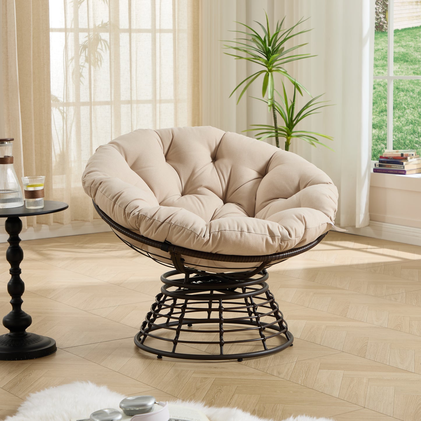 Comfortable Ergonomic Wicker Papasan Chair, 360° Swivel Indoor Outdoor Rattan Chair with Soft Thick Cushion, Ideal for Living Room, Bedroom, Reading Room, Brown Frame with Beige Cushion