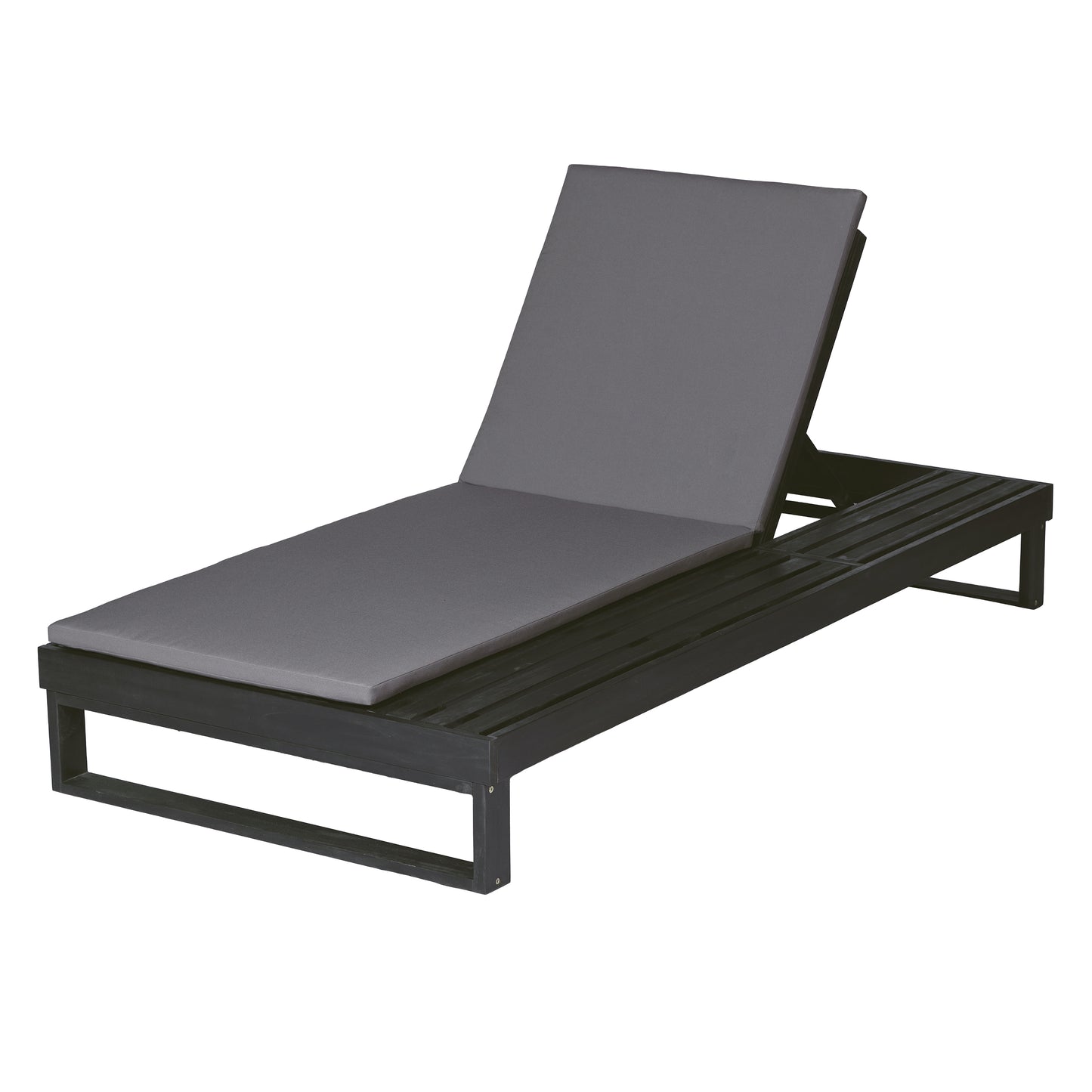 Black Acacia Wood Chaise Lounge with 1.57-Inch Dark Gray 2-Fold Cushion Set, 4-Position Adjustable with Flat Side Surface, for Poolside - Matching cream,leaf coconut version available