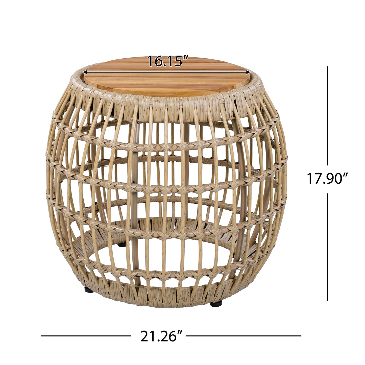 Acacia Wood Outdoor Side Table with Wicker Base - Light Brown, Round 16.15" Outdoor Accent for Patio, Garden, Balcony & Indoor Use