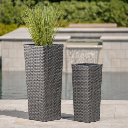 2-Pack Gray PE Wicker Tapered Outdoor Planter Pots with Iron Frame (11.75 in. and 9.06 in. W)