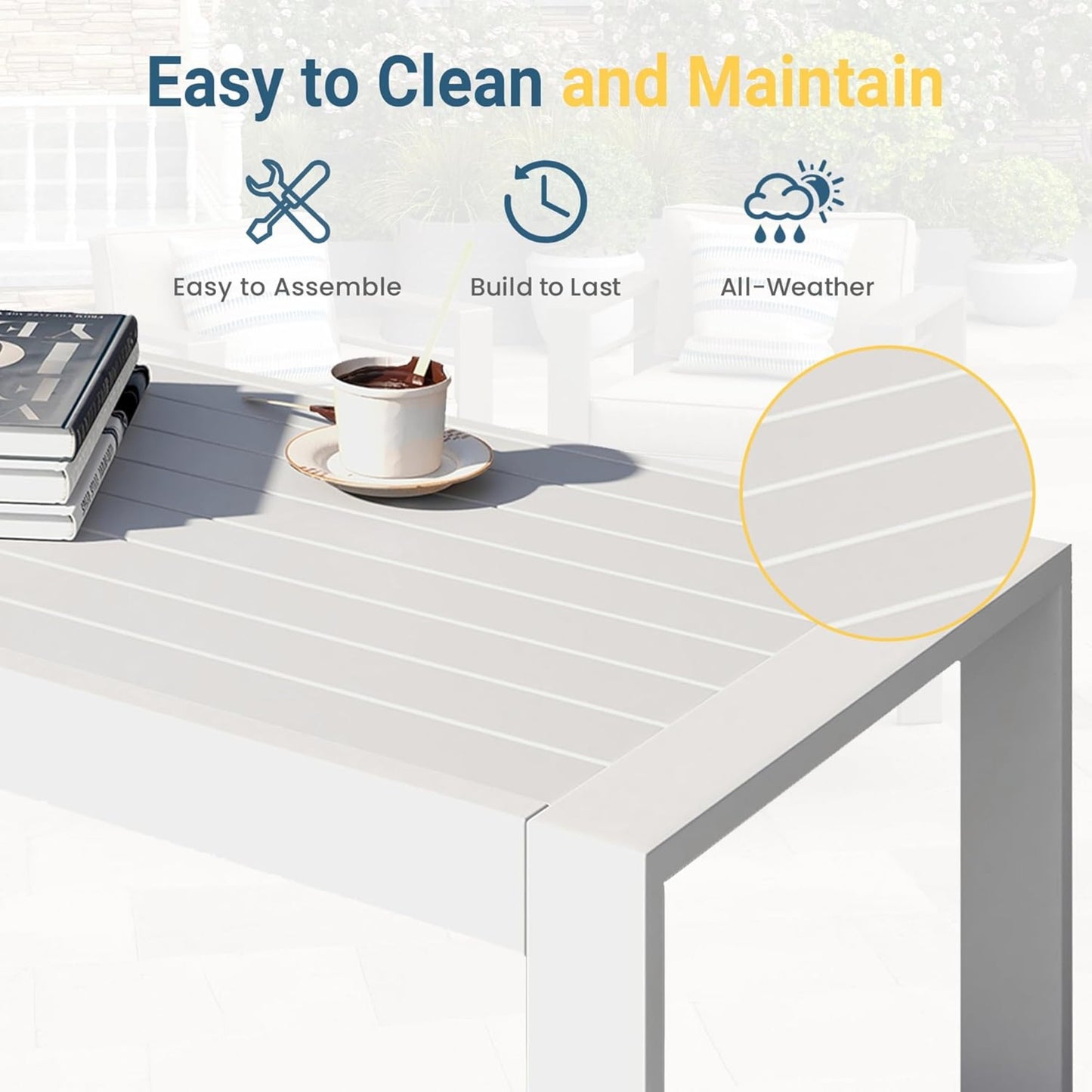 43" All-Weather Aluminum Patio Coffee Table, Modern White Rectangle Outdoor Table
