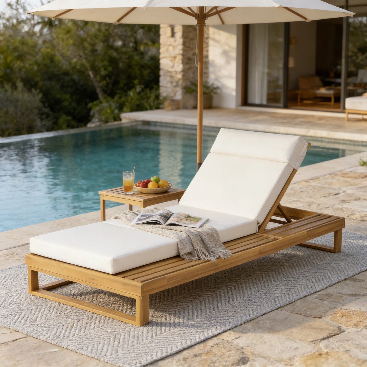 Teak Finish Acacia Wood Chaise Lounge with 4-Inch Beige 4-Fold Cushion Set, Adjustable Outdoor Patio Lounger with Flat Side Surface, for Poolside- Matching cream,dark gray version available