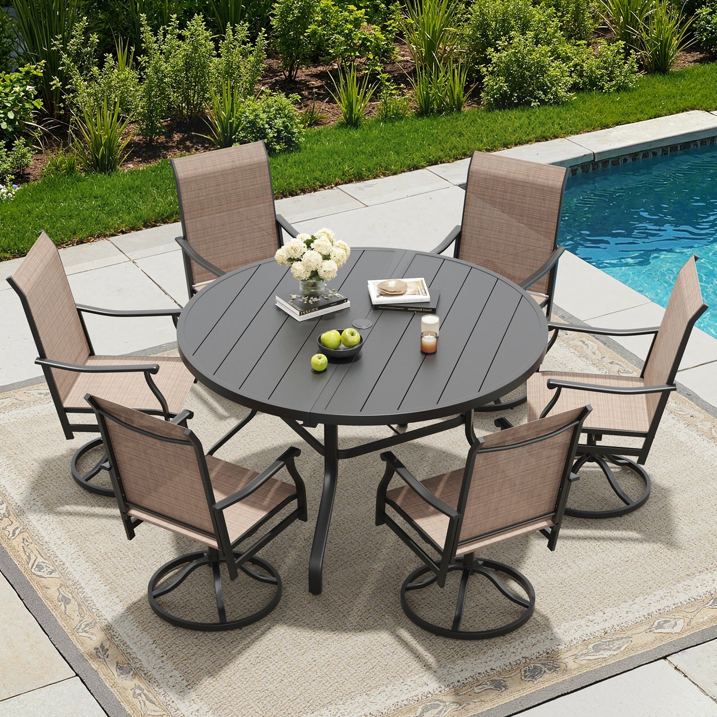 Round Outdoor Patio Dining Table, 47" Round Patio Table Wood-Like Grain with 1.57" Umbrella Hole, Metal Outdoor Dining Tables for Backyard and Poolside