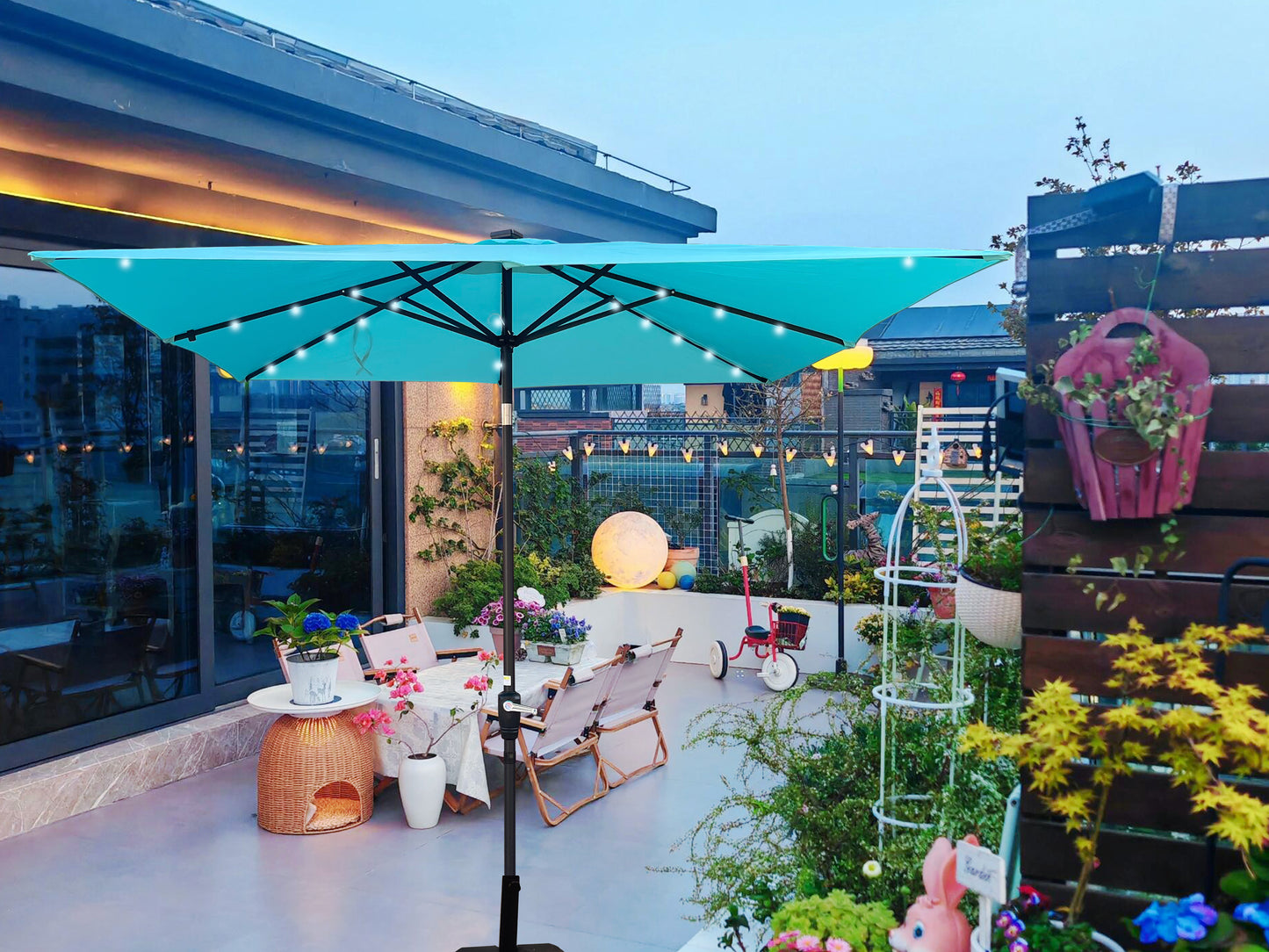 Square 2.5X2.5M Outdoor Patio Umbrella Solar Powered LED Lighted Sun Shade Market Waterproof 8 Ribs Umbrella with Crank and Cross Base for Garden Deck Backyard Pool Shade Outside Deck Swimming Pool