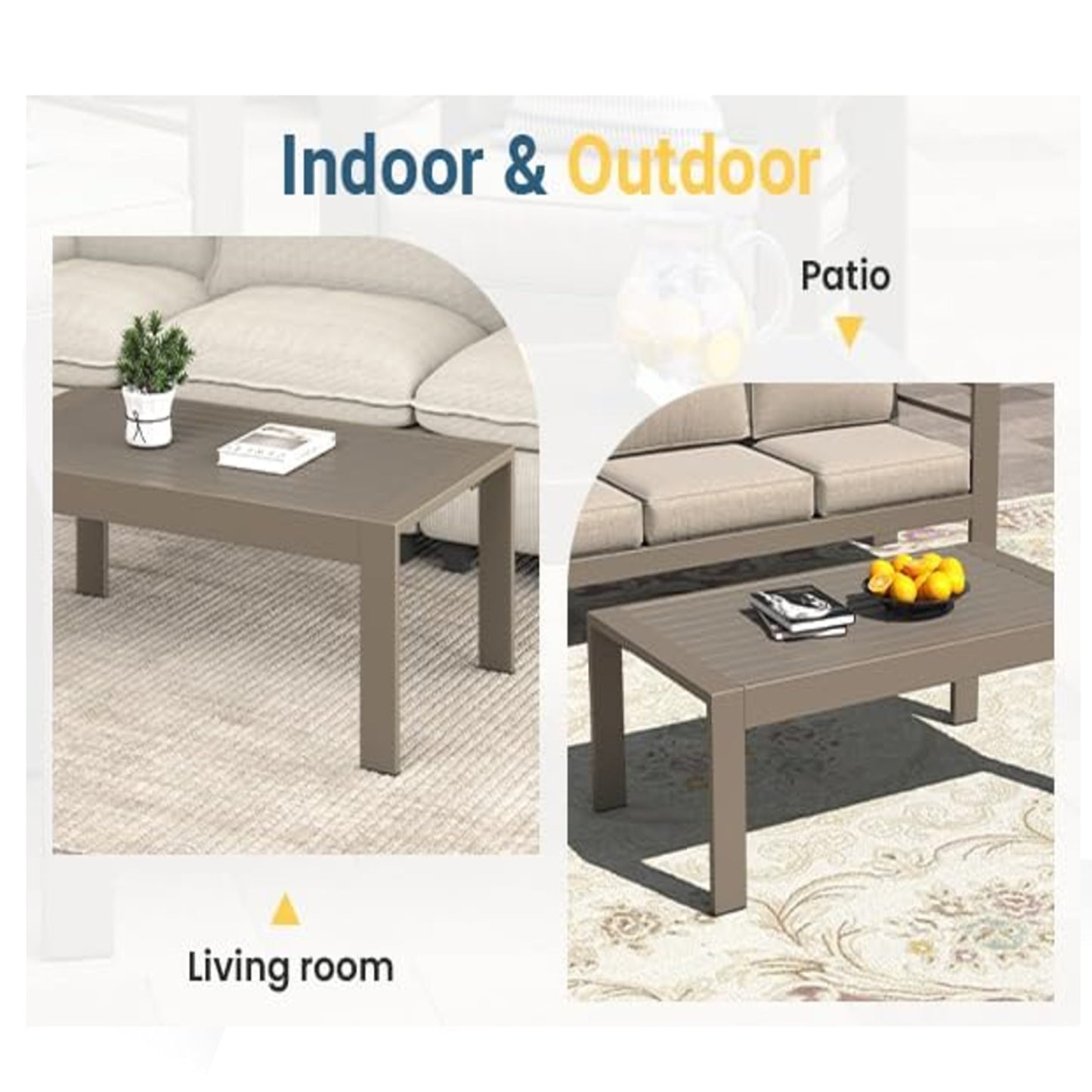 43" x 24" All-Weather Metal Outdoor Coffee Table with Wood-Look Top and Khaki Frame