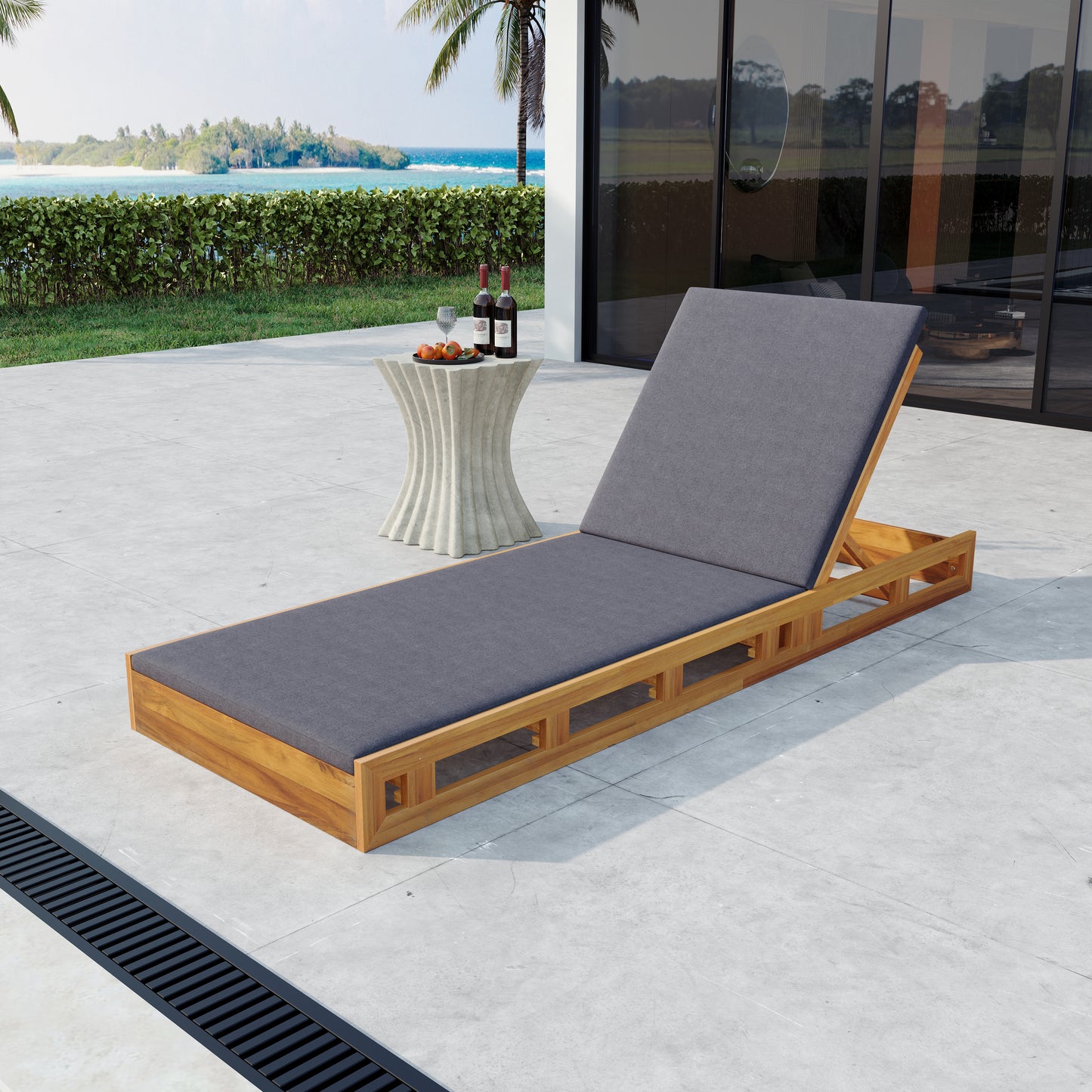 LOUNGE CHAISE SET,ACACIA WOOD WITH WATER-RESISTANT LOUNGE CUSHIONS (Dark Grey/ & 2 INCH THICK) - MATCHING CREAM/LEAF COCONUT VERSION AVAILABLE