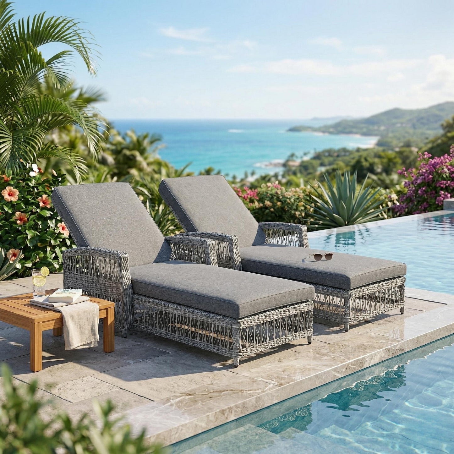 GO 2 Pieces Long Reclining Chaise, Outdoor Wicker Lounge with Armrests, Patio Adjustable Recliner with Soft Removable Cushions, All Weather Rattan Pool Lounge for Poolside & Garden, Gray