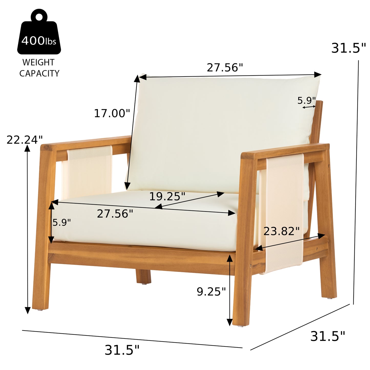 Outdoor Club Chair, Acacia Wood Frame with Brown Textilene Accents, Water-Repellent Beige Cushions for Patio/Backyard/Deck