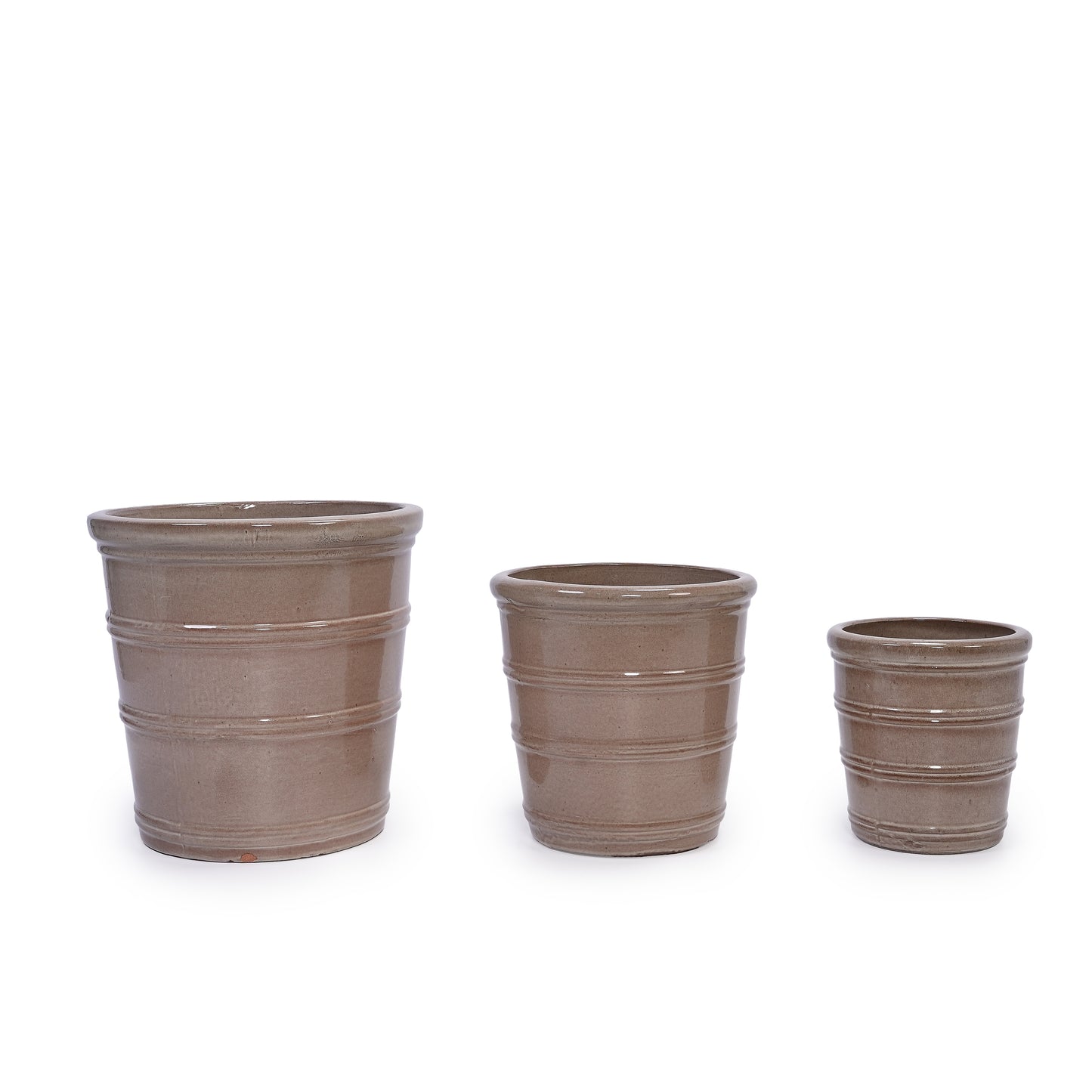 Handmade Ceramic Planter Set of 3, 16"/13"/10" Diameter, Taupe with Horizontal Rings, for Succulents & Herbs, Indoor/Outdoor Use on Windowsill & Shelf, Breathable Clay