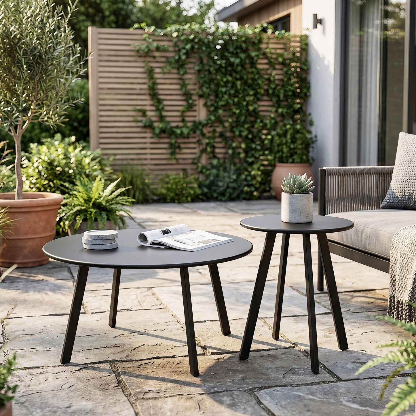 2-Piece Round Nesting Coffee Table Set, Modern Black Metal Side & End Tables, Space-Saving Accent Table Set for Living Room, Bedroom, Balcony, Patio, Indoor & Outdoor Use