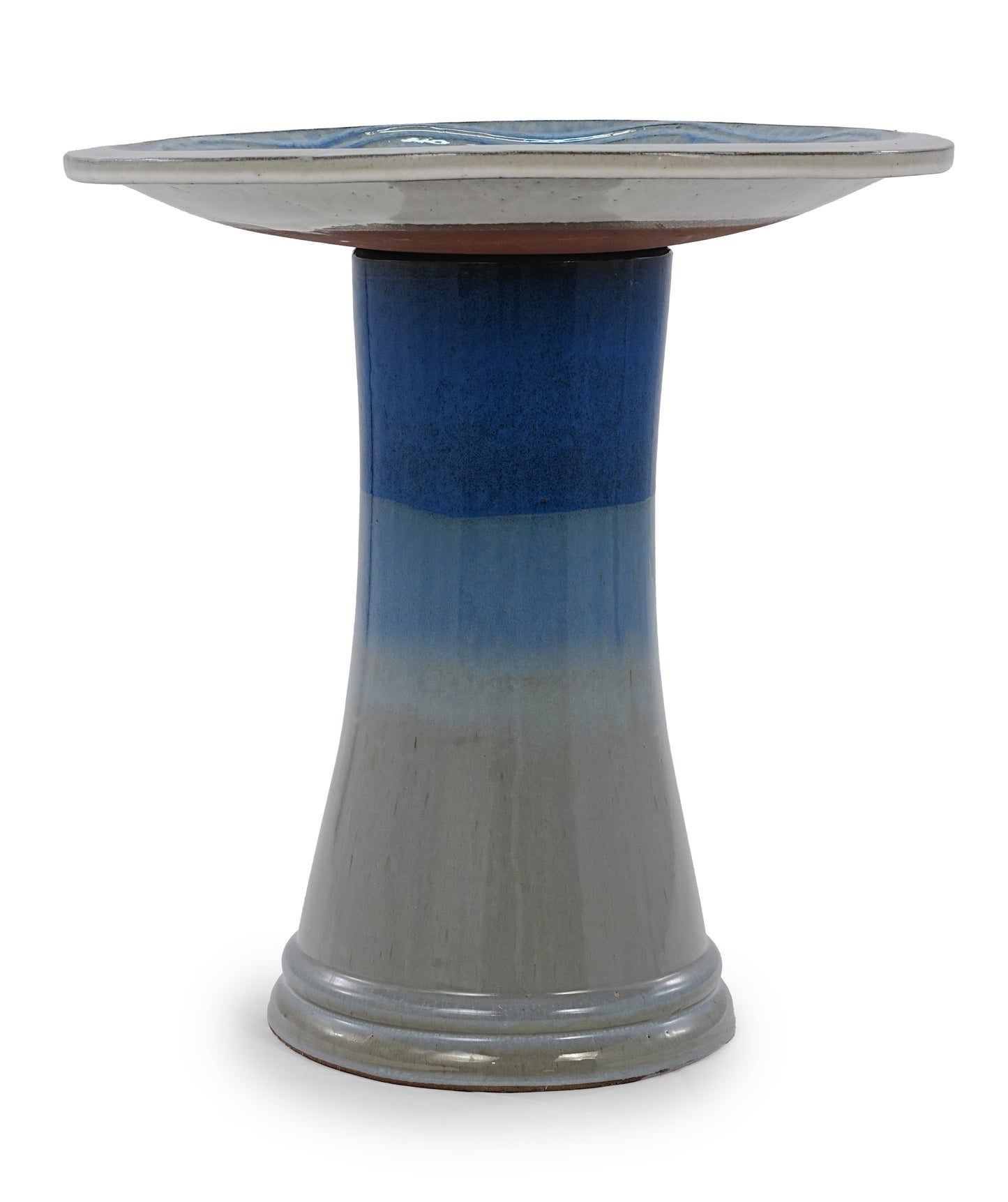 17'' Ceramic Bird Bath for Outside, Elegant Tall Outdoor Bird Bath, Lightweight Pedestal Glazed Birdbaths for Outdoors with Swirl Pattern, Blue Ombre