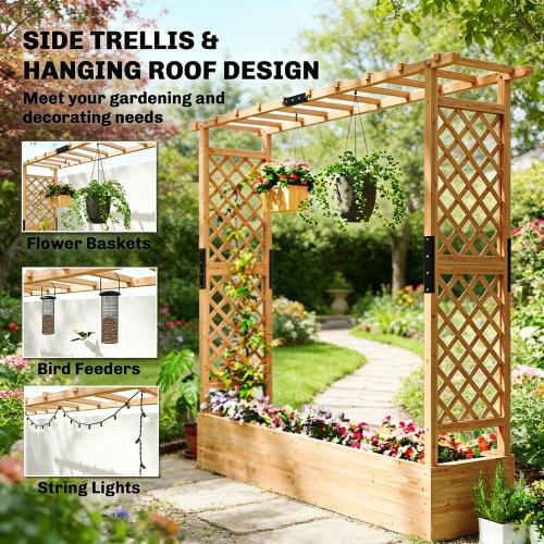 44 .1 in. x 70.9 in. Brown Wood Garden Trellis with Wood Planter Box, Drainage Hole and Fabric Filter