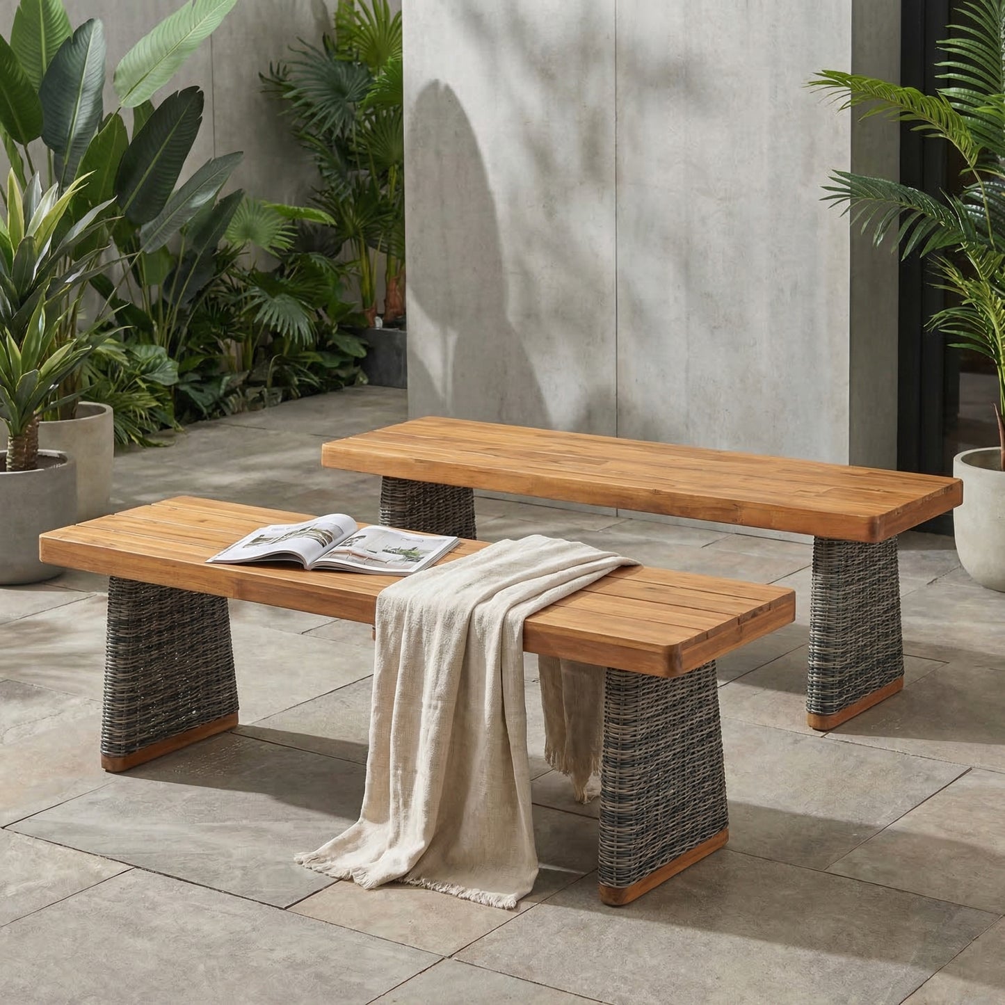 Outdoor Acacia Wood Bench(Set of 2),Teak Finish+ Grey Wicker